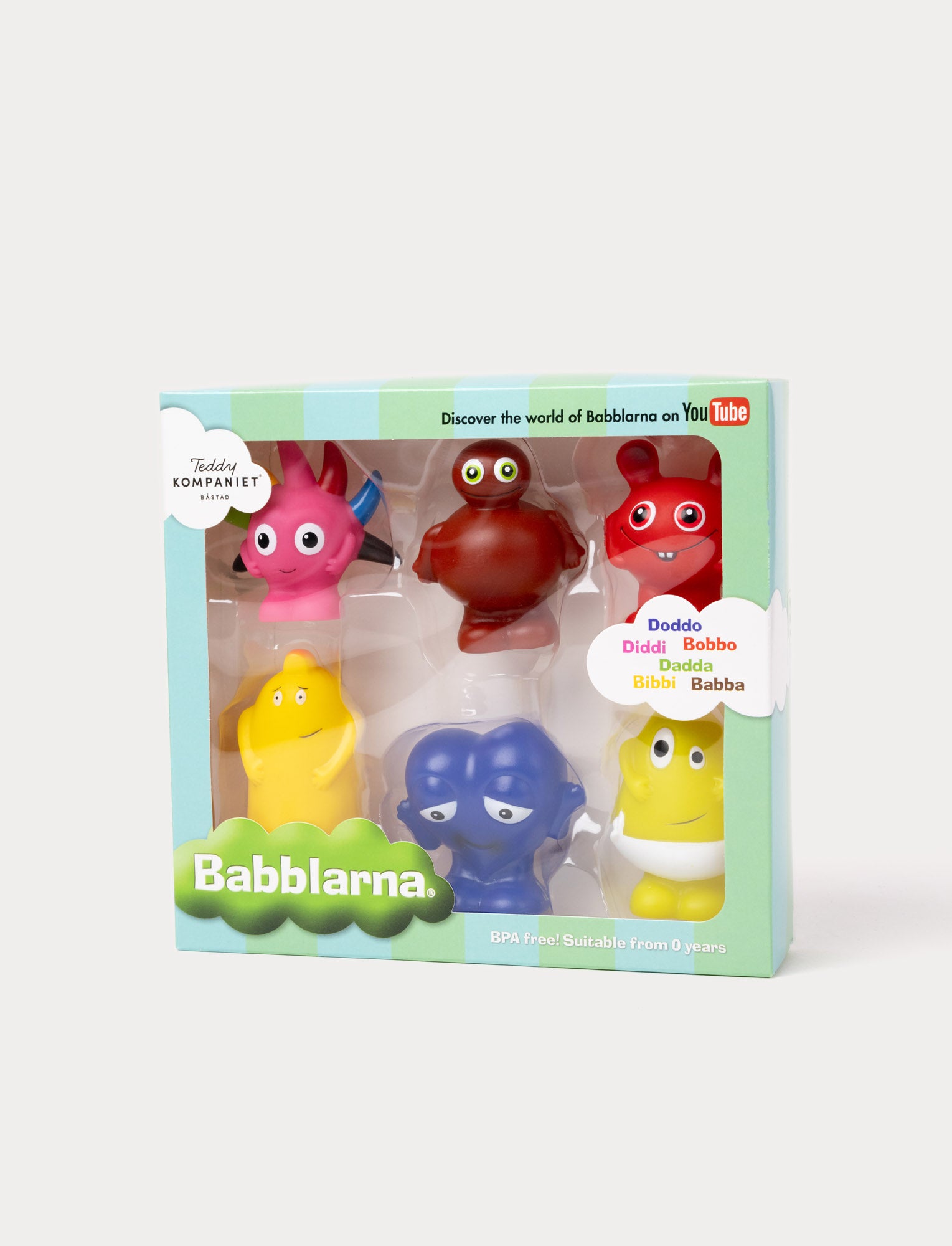 Image of Colorful plastic Babblarna figures including: Bibbi, Bobbo, Dadda, Diddi, and Doddo, with a colorful, playful designs.