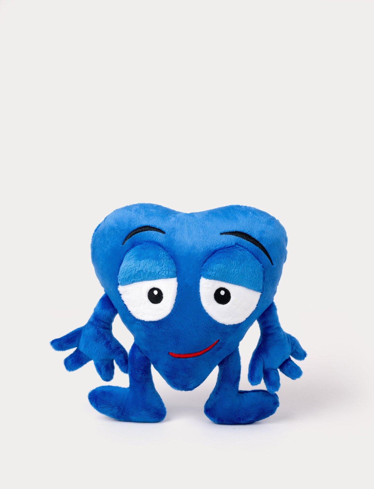 Blue heart-shaped plush toy with droopy eyes and a playful smirk.