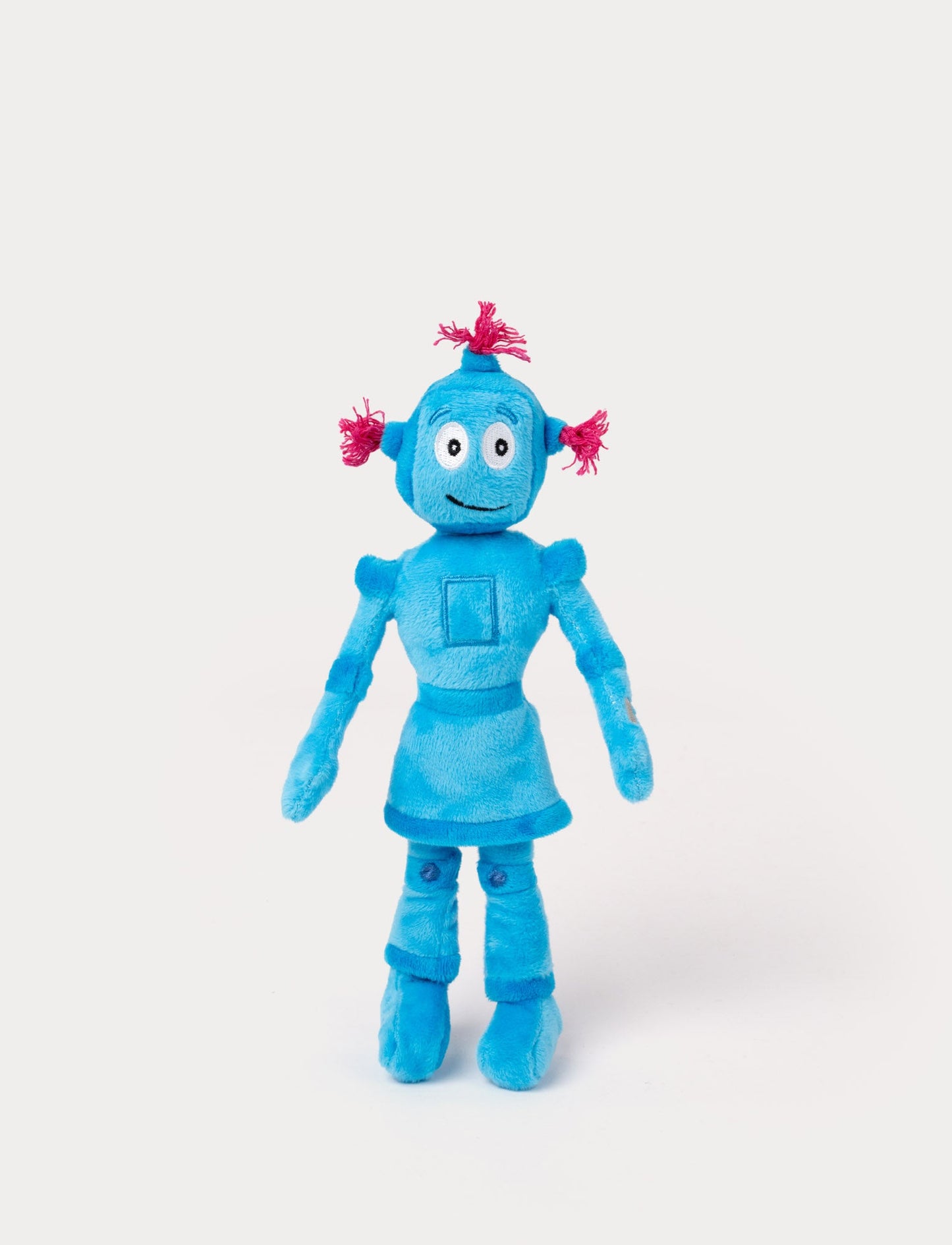 A plush toy of Babblarna character Klonk, a blue robot with pink yarn hair and a friendly smile.