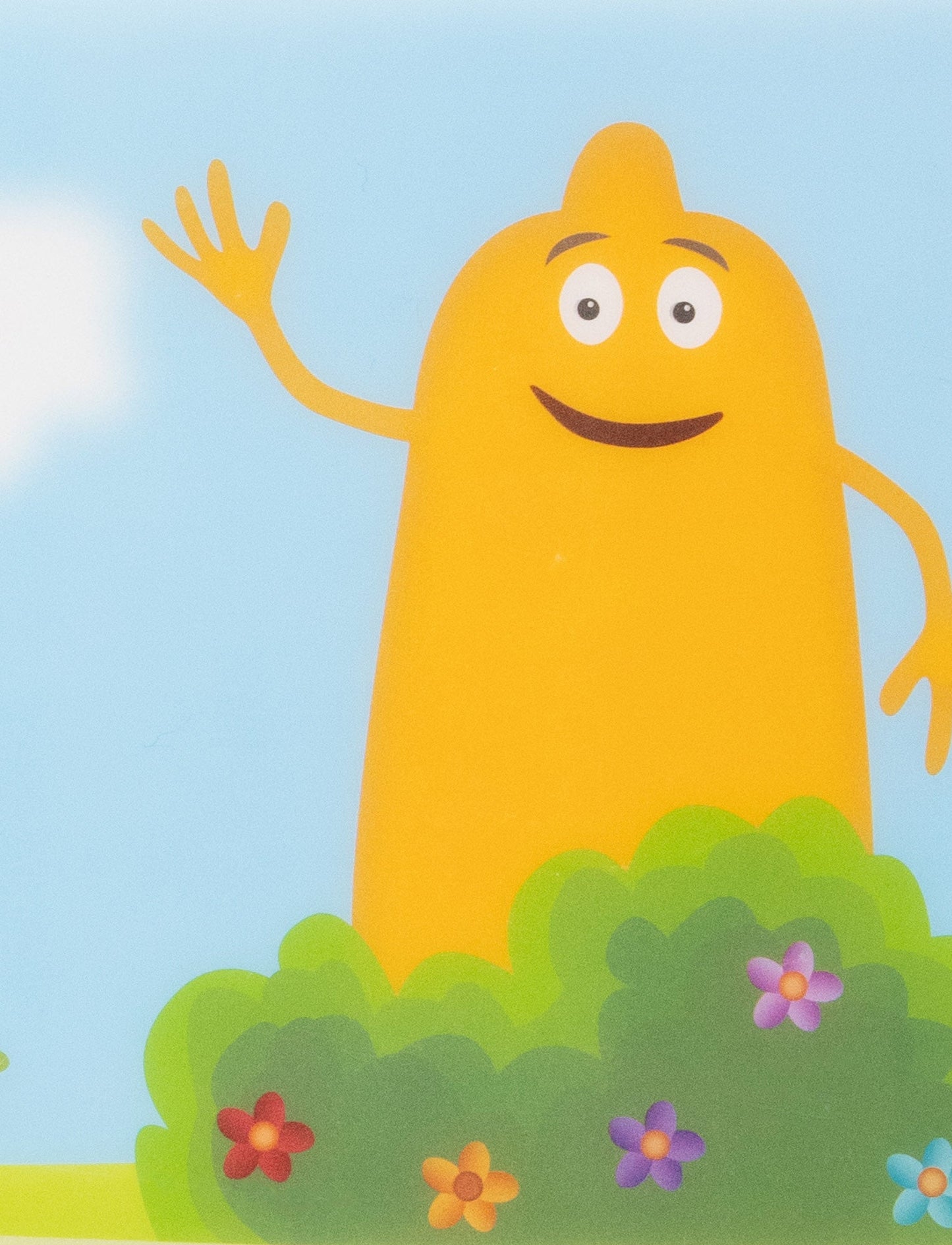 Colorful children's placemat featuring Babblarna characters in a cheerful outdoor scene with trees and clouds.