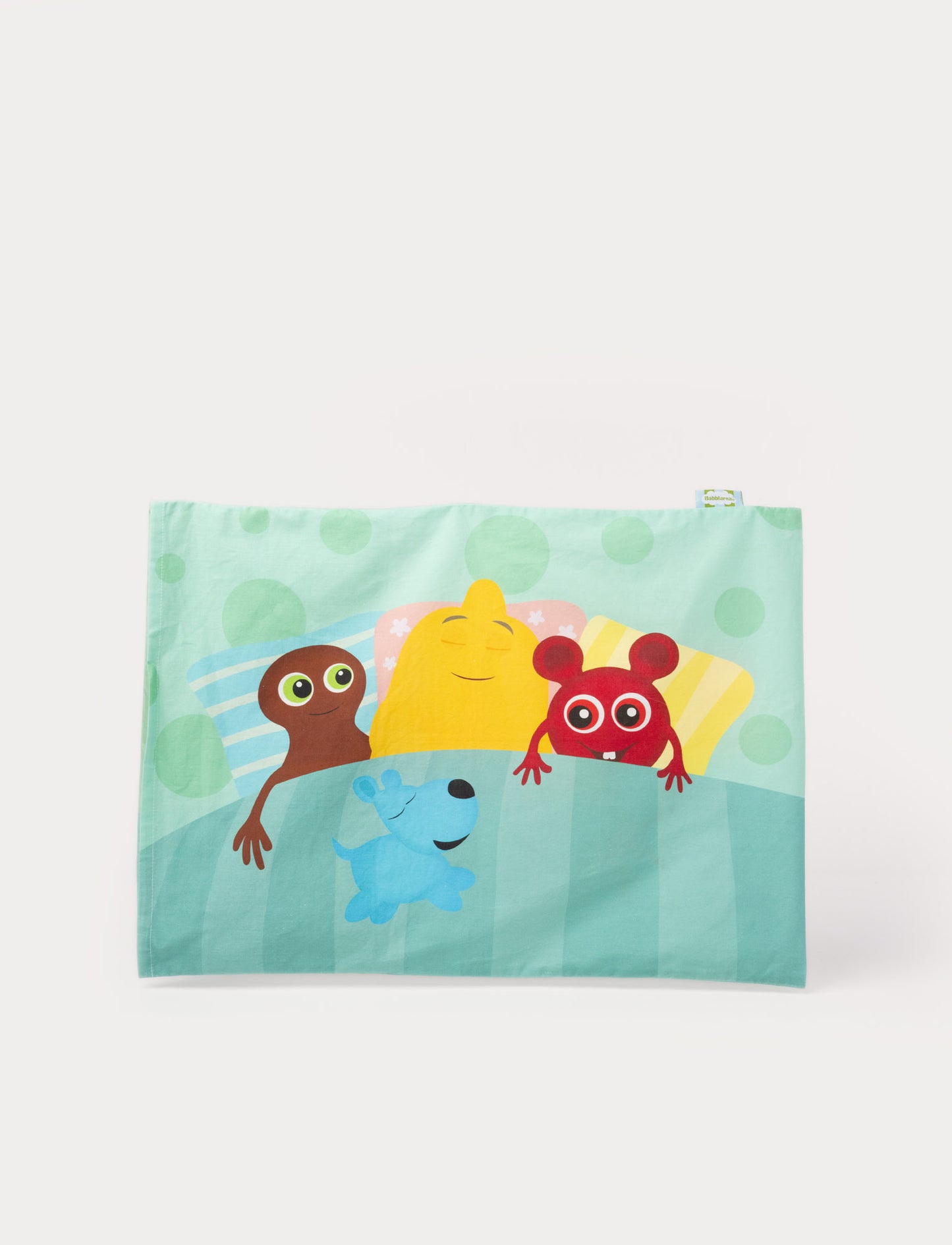 A colorful soft pillowcase with Babblarna characters, made from cotton.