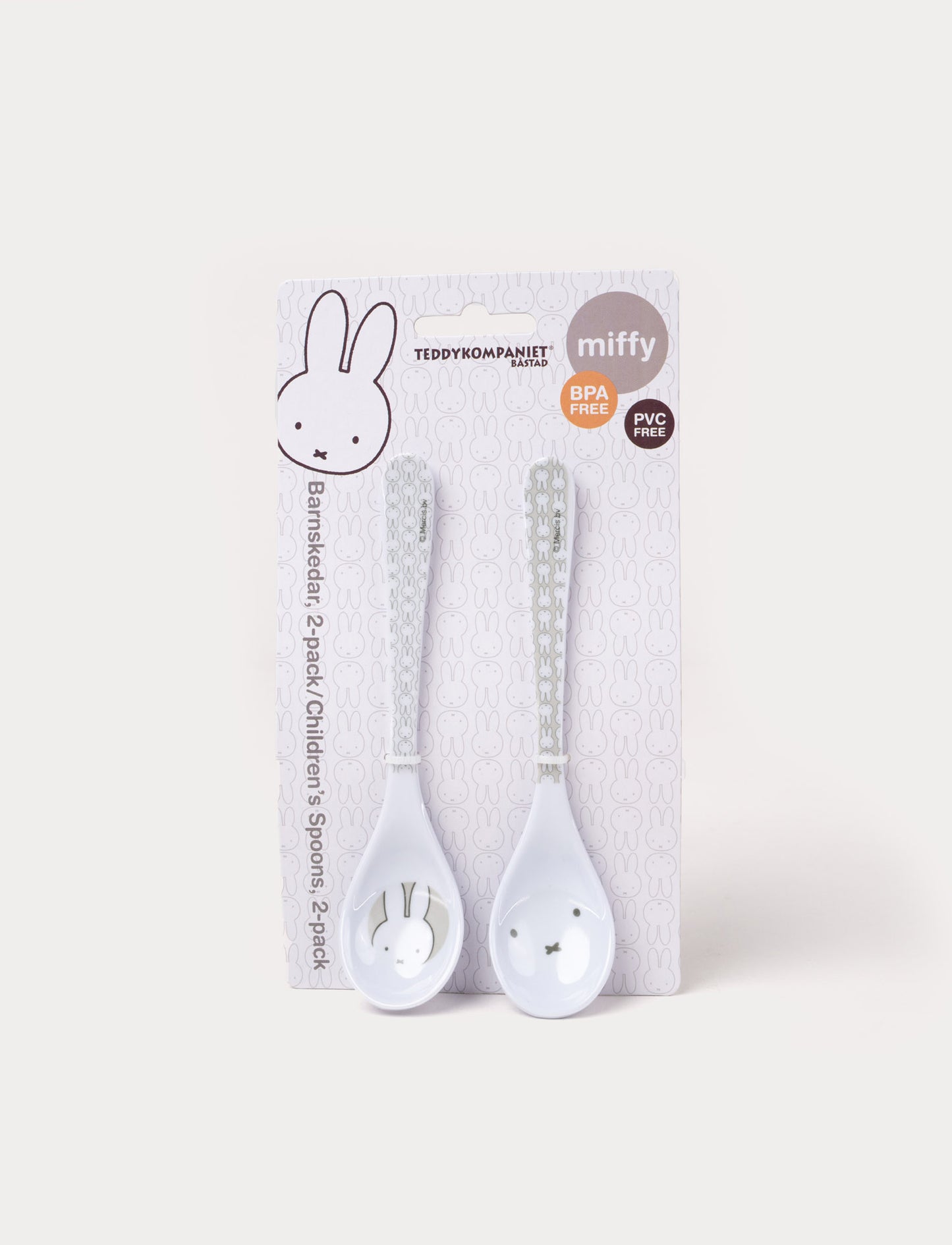Miffy-themed spoon set with two white, lightweight, durable spoons