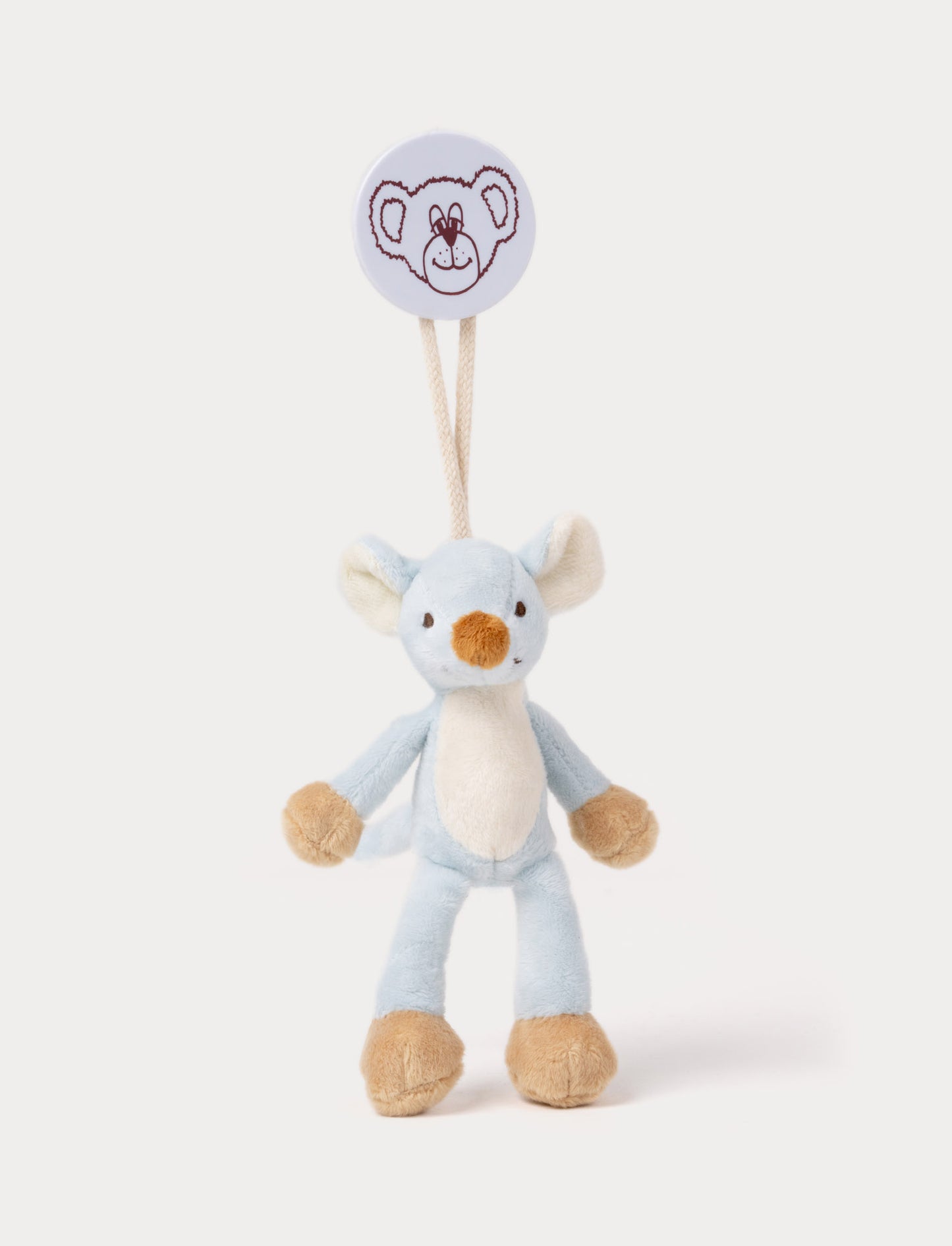Soft blue plush mouse with beige paws, feet, and nose, hanging from a clip with a bear face illustration.
