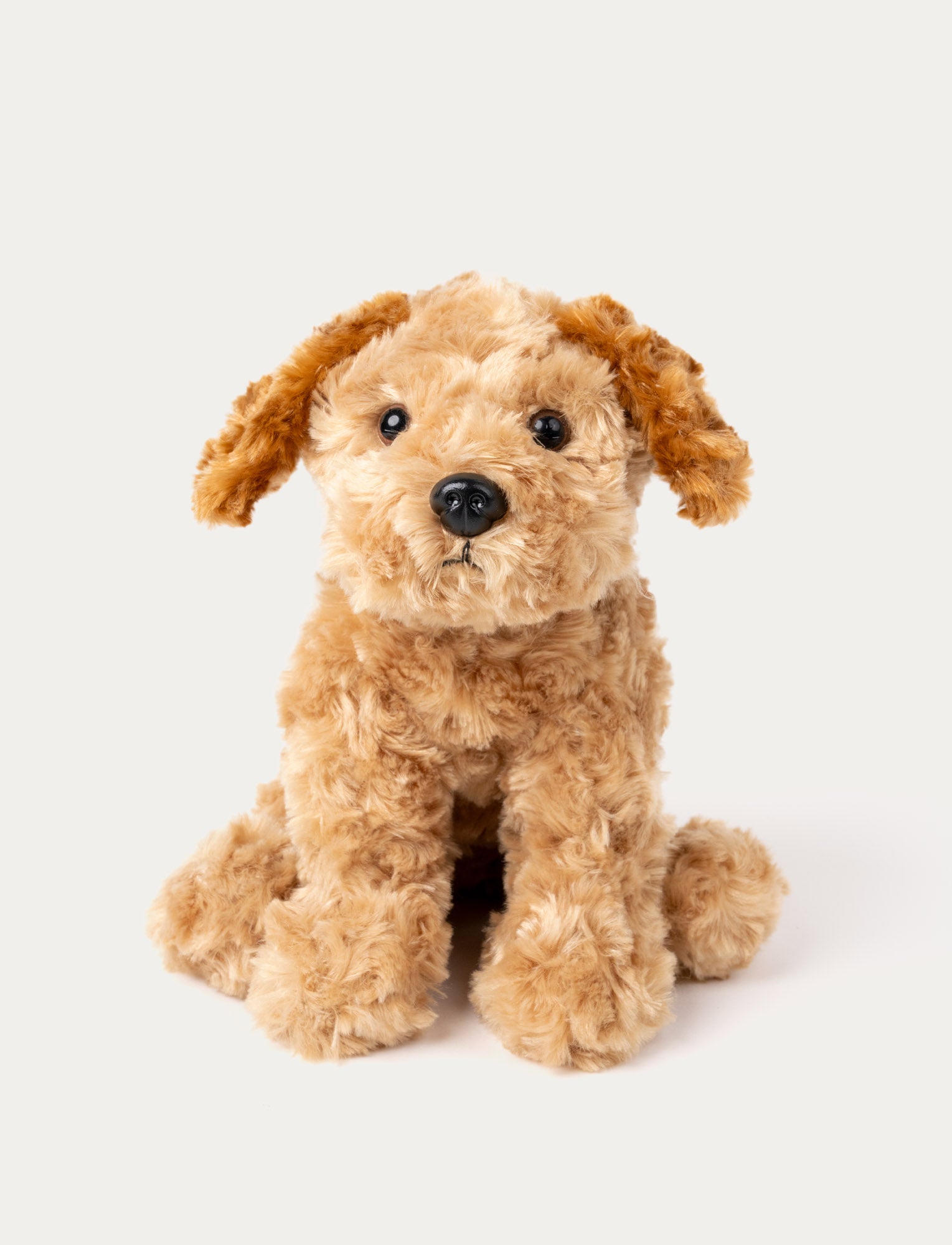 Image of A beige, curly plush dog with soft fur and a friendly expression.