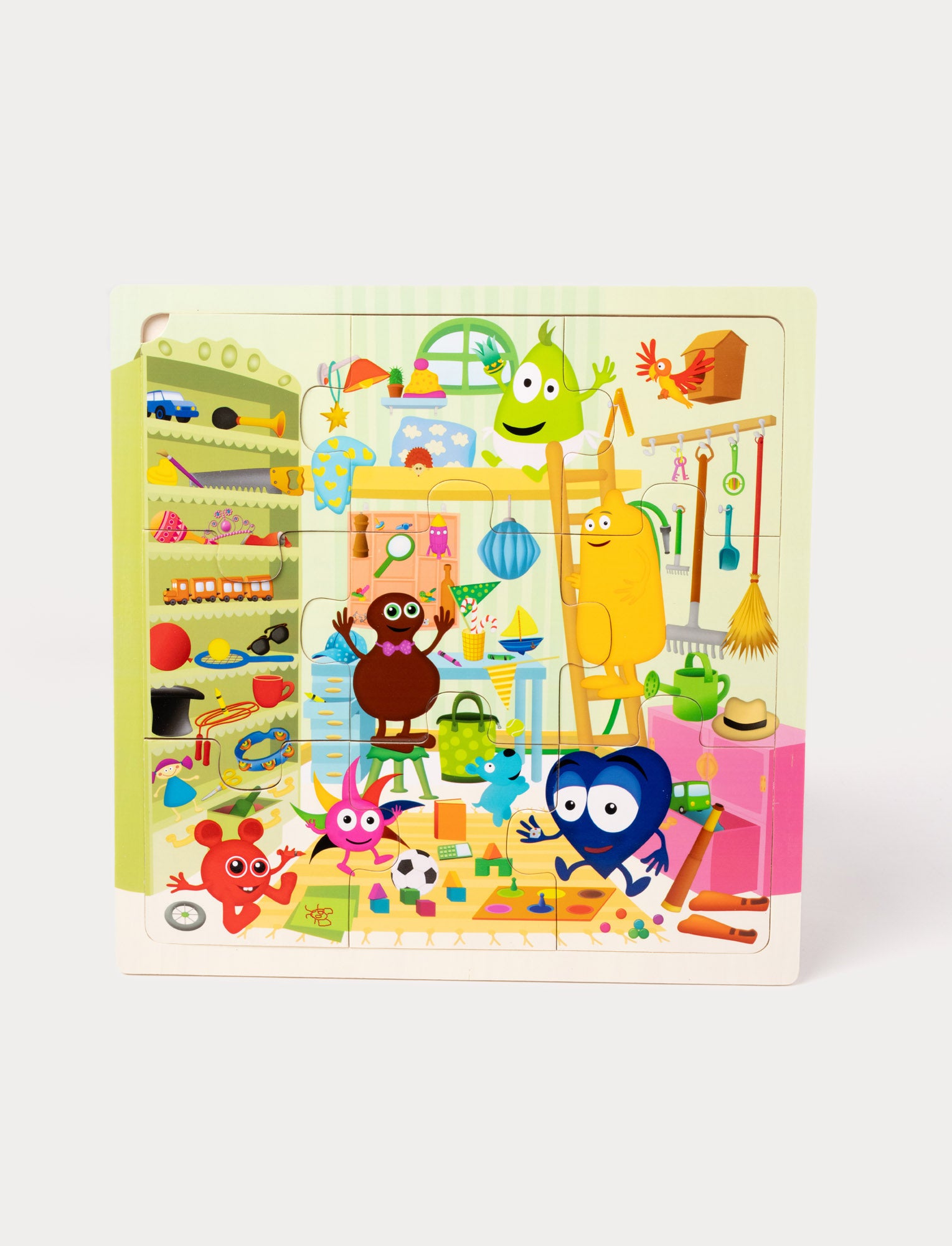 Image of A colorful wooden puzzle featuring Babblarna characters playing in a lively, cluttered room.