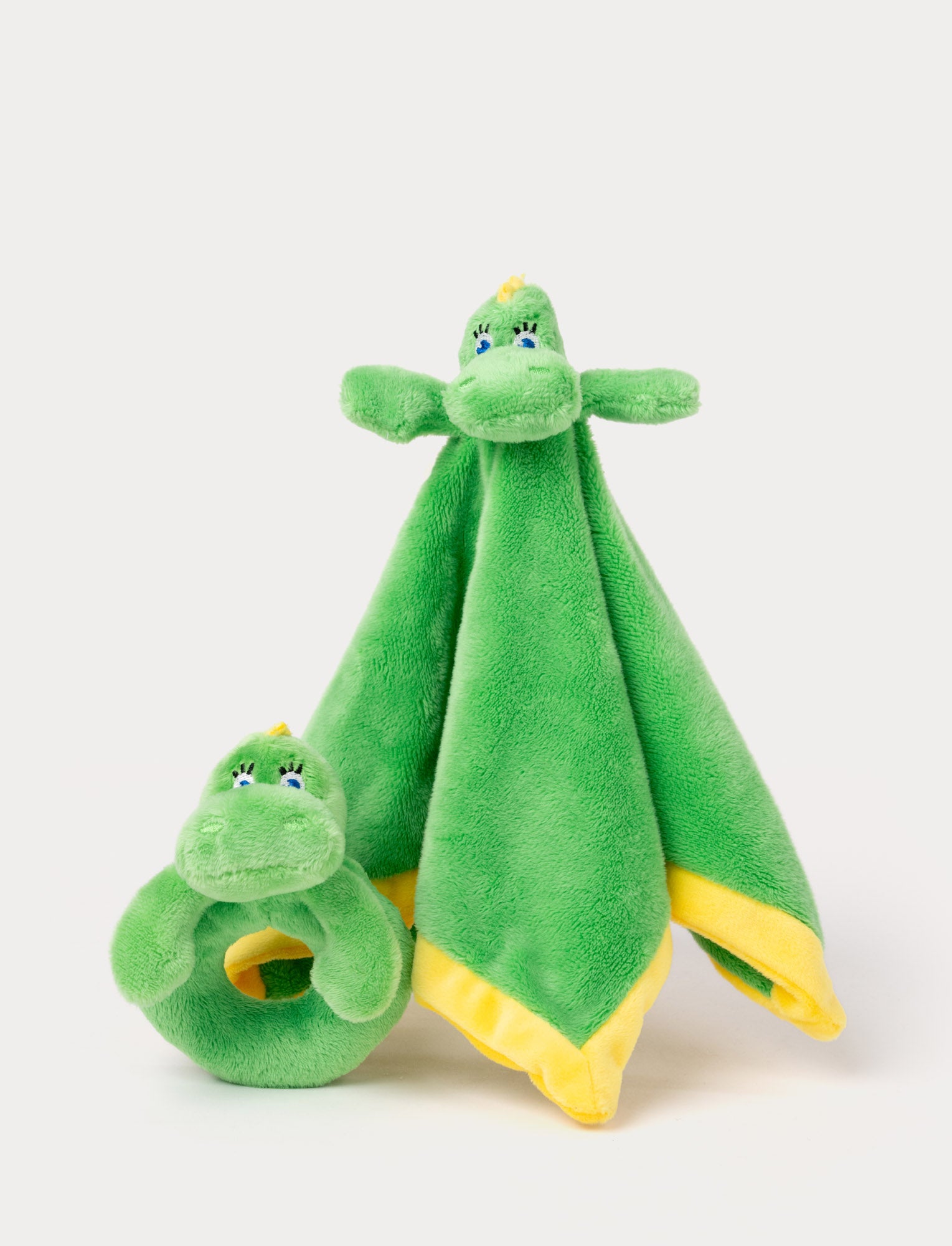 Image of Set of two green Bolibompa dragon plush toys, including a rattle and a comfort blanket with a dragon head.