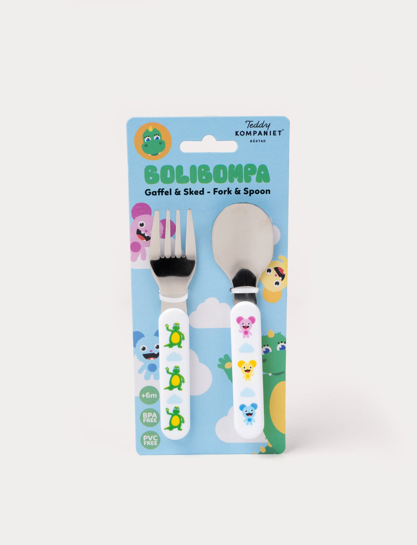 Bolibompa cutlery set with a fork and spoon, featuring ergonomic handles with Bolibompa design