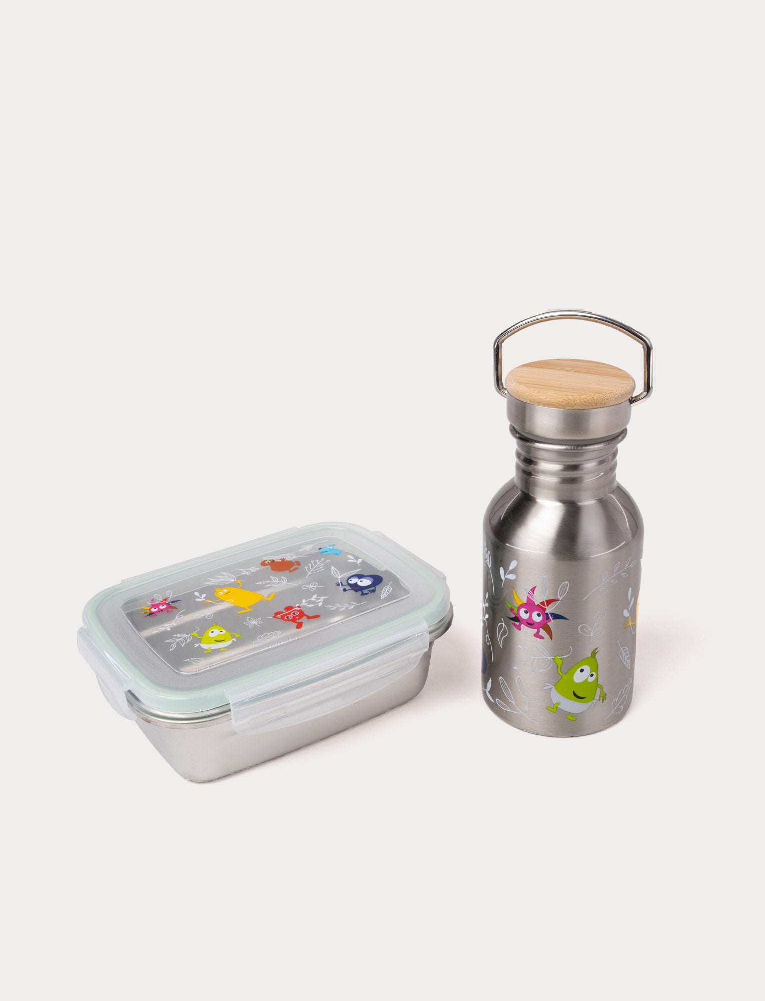 Image of A stainless steel lunch box with a transparent lid and a matching water bottle, both decorated with Babblarna characters.