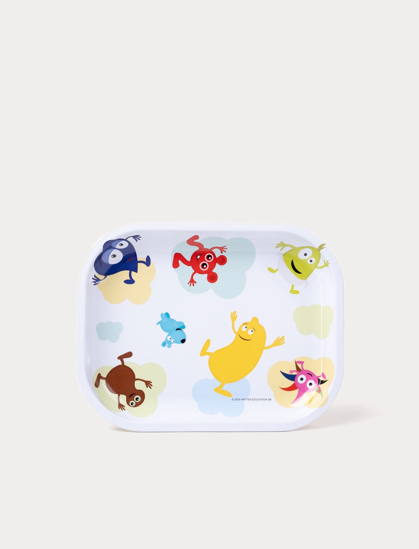 Rectangular children's tray with colorful Babblarna illustrations on a cloud-themed background.