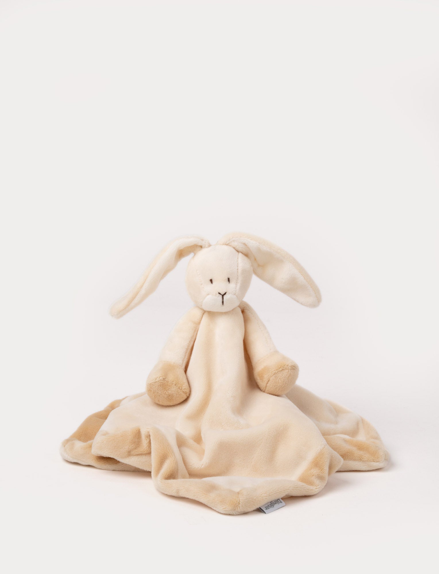 Image of A beige-brown baby blanket with a soft plush bunny, white contrast details