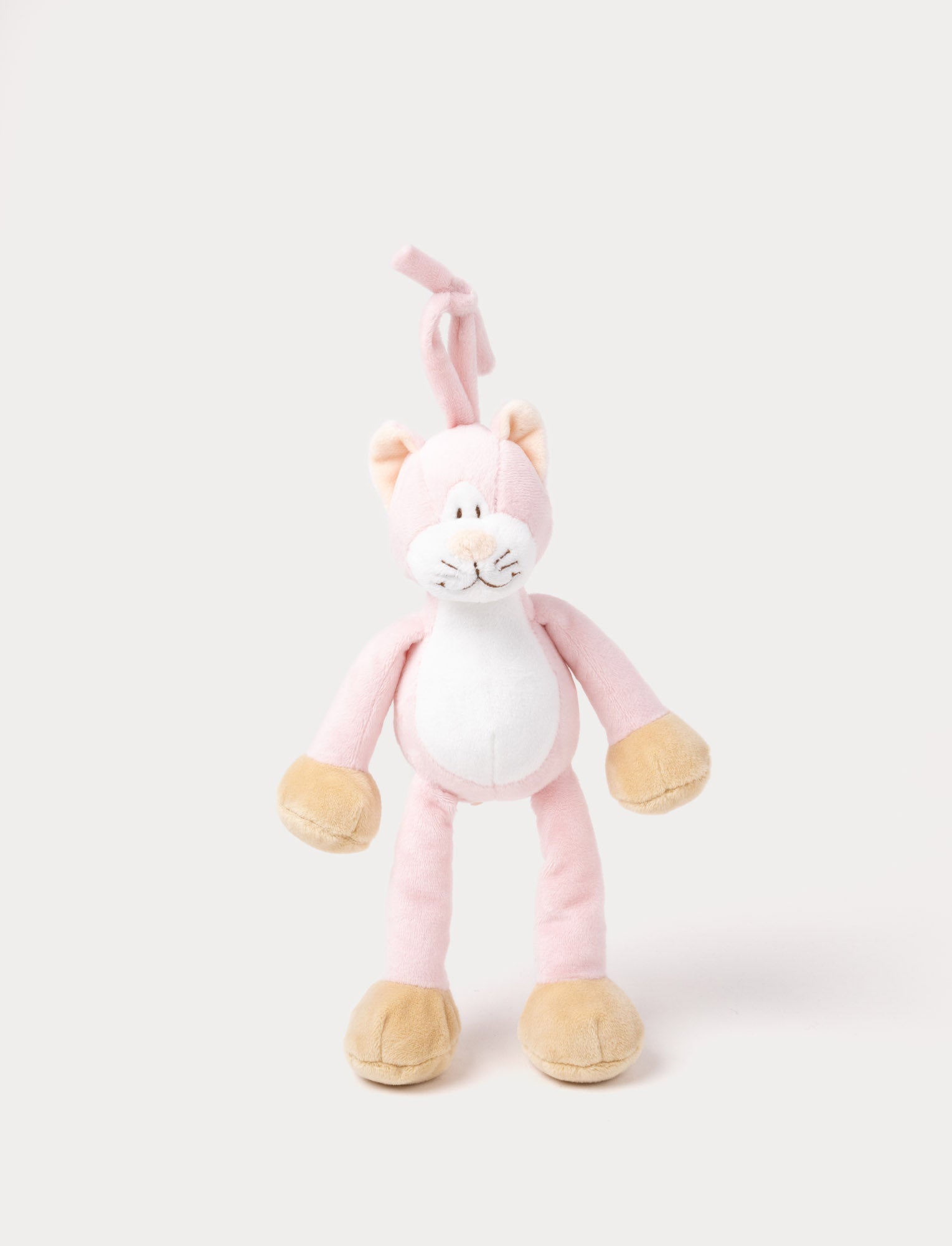 Image of A plush pink cat music box toy with a white belly, beige paws, a stitched smiling face, and a fabric loop on top for hanging