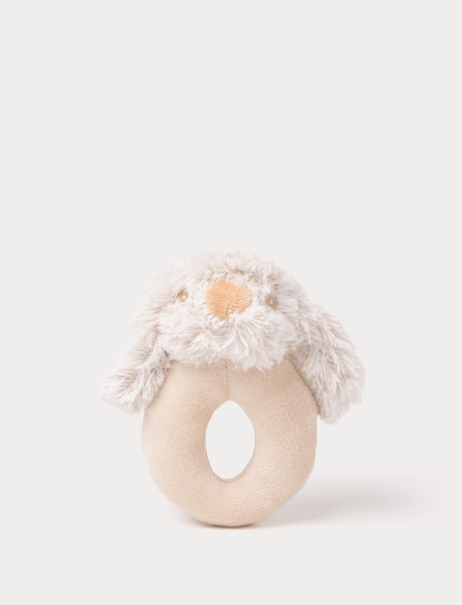 Image of Soft plush puppy rattle with a beige ring handle, fluffy ears, embroidered eyes, and a stitched nose.