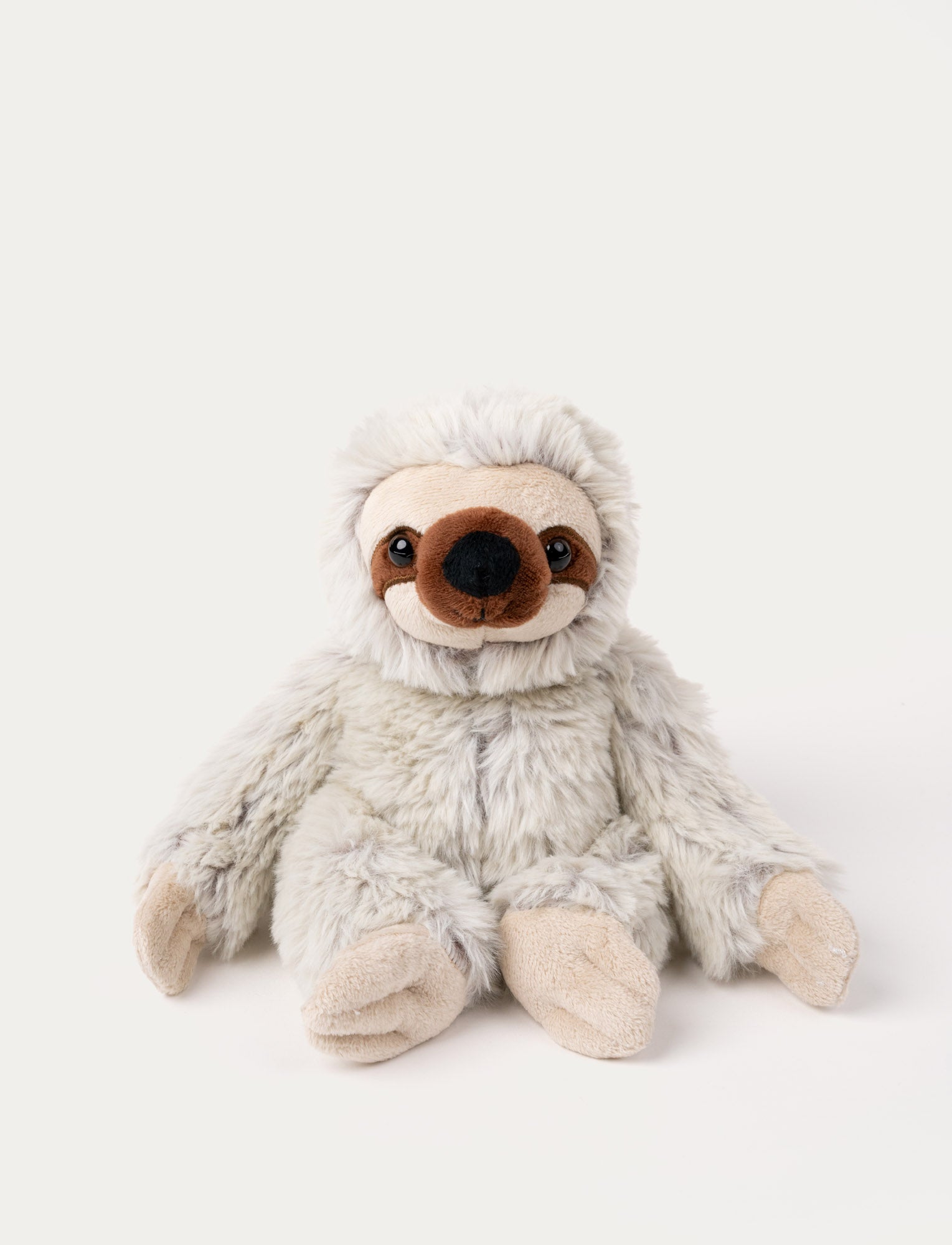 Image of Soft grey sloth plush with a beige face, brown eye markings, and long floppy arms.