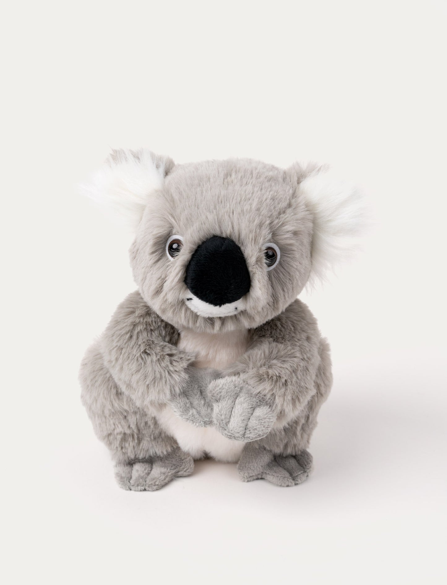 Soft grey koala plush with fluffy white ears, a black nose, and shiny plastic eyes.