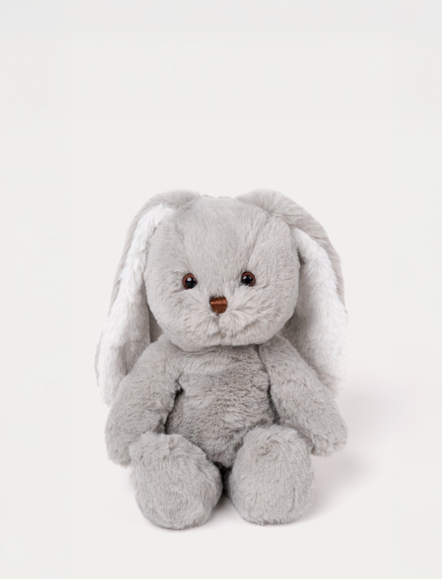 Image of Soft grey plush bunny with long floppy ears, brown eyes, and a stitched brown nose.