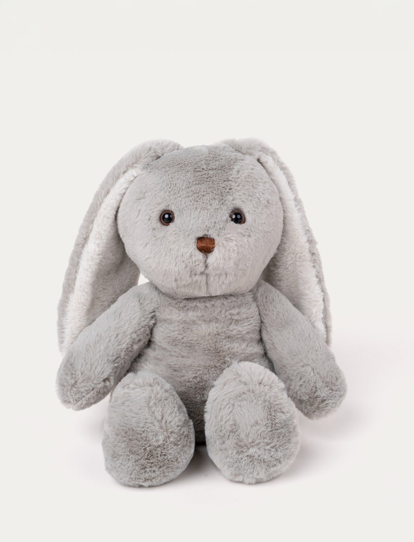 Soft grey plush bunny with long floppy ears, brown eyes, and a stitched brown nose.