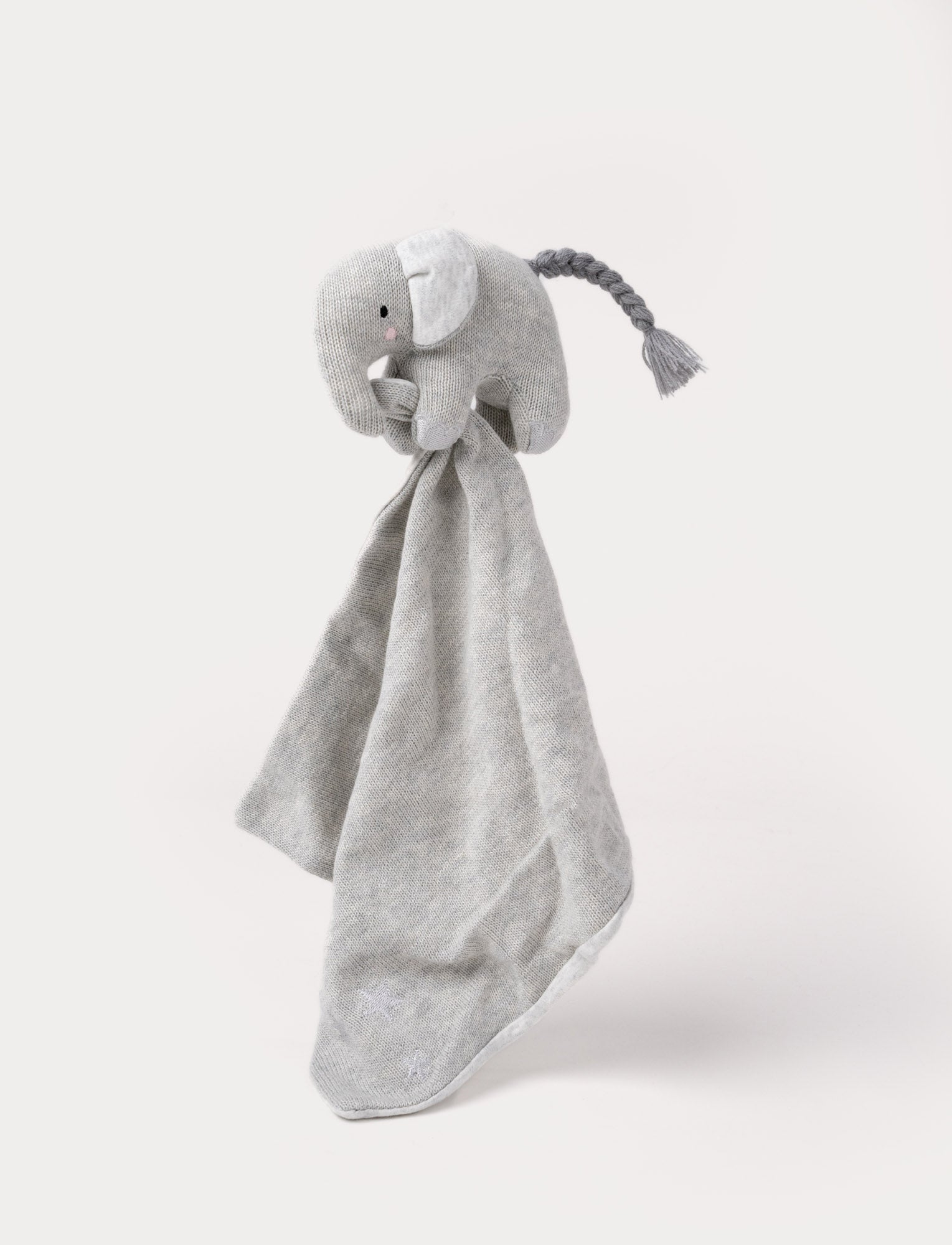 Image of Knitted grey elephant security blanket with soft fabric ears, embroidered eyes, and a braided tail.