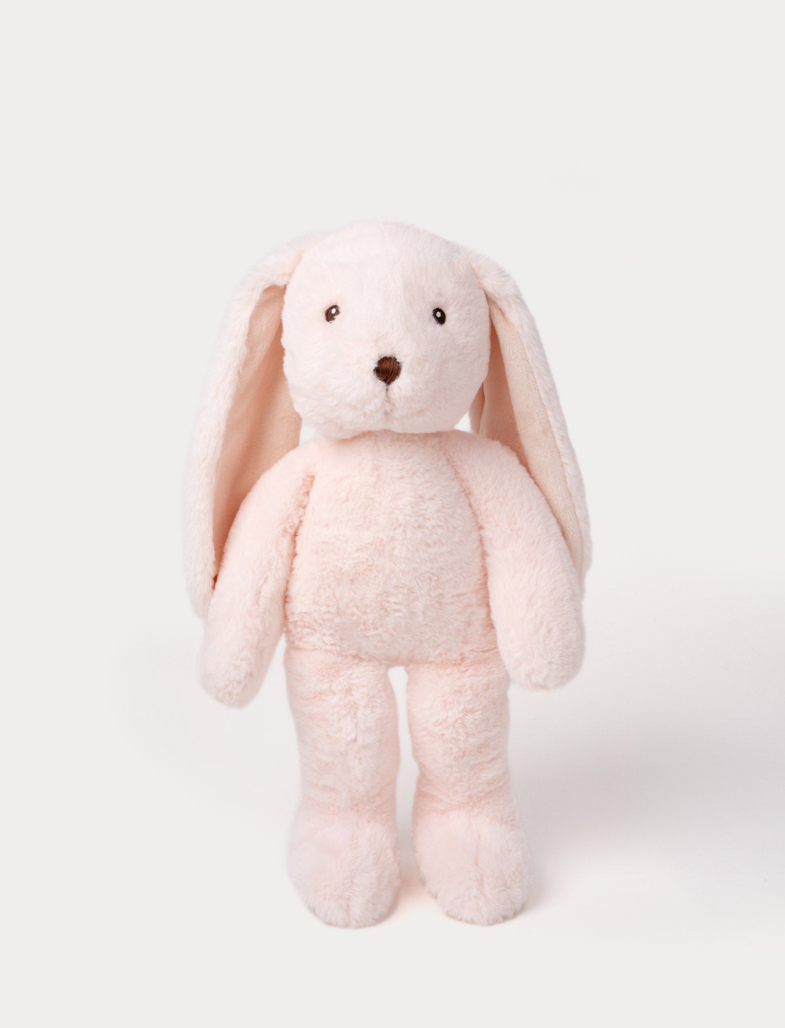 Image of Soft, plush bunny with light pink fur, long floppy ears, black button eyes, and a small stitched nose.