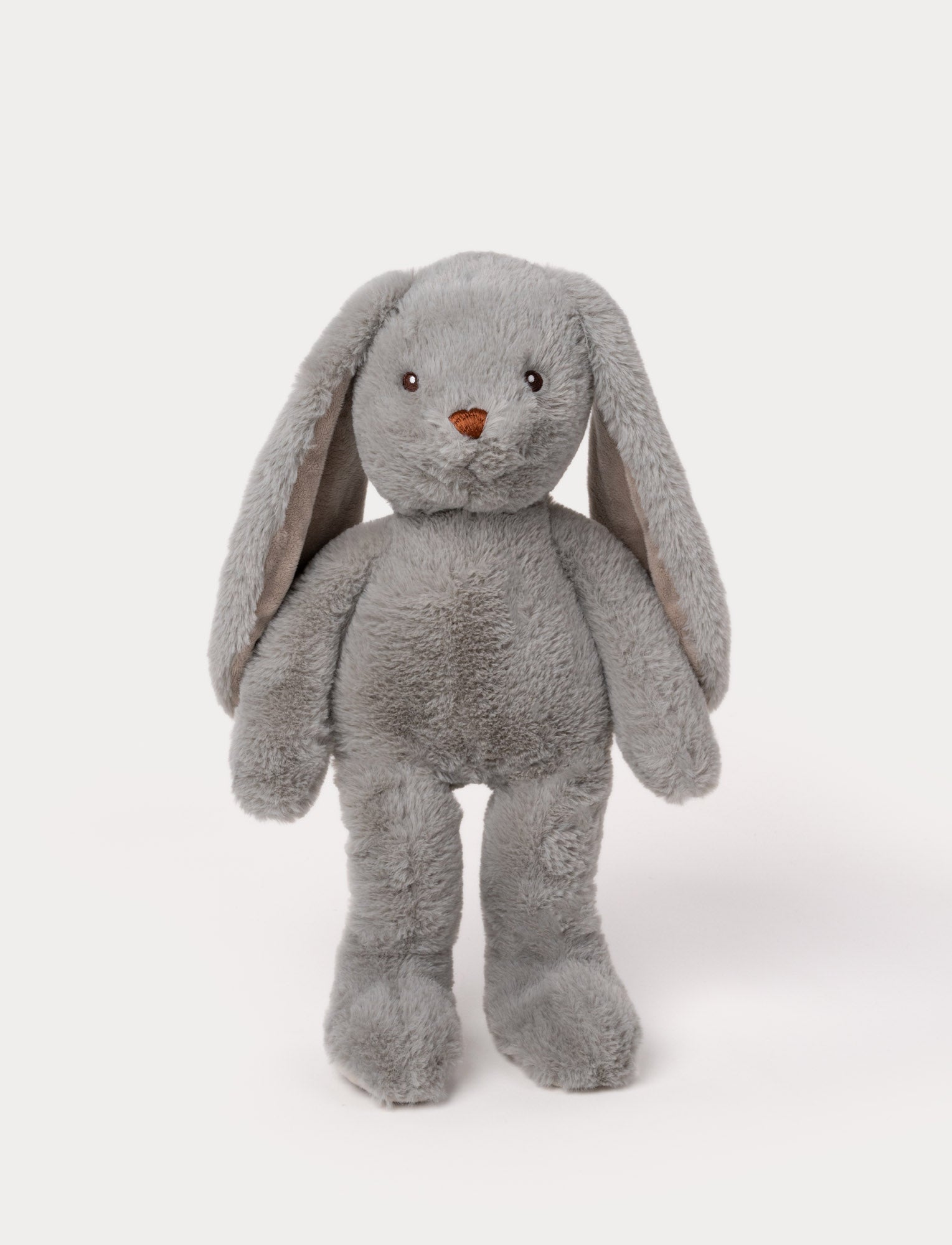 Image of Soft, plush bunny with grey fur, long floppy ears, black button eyes, and a small stitched brown nose.