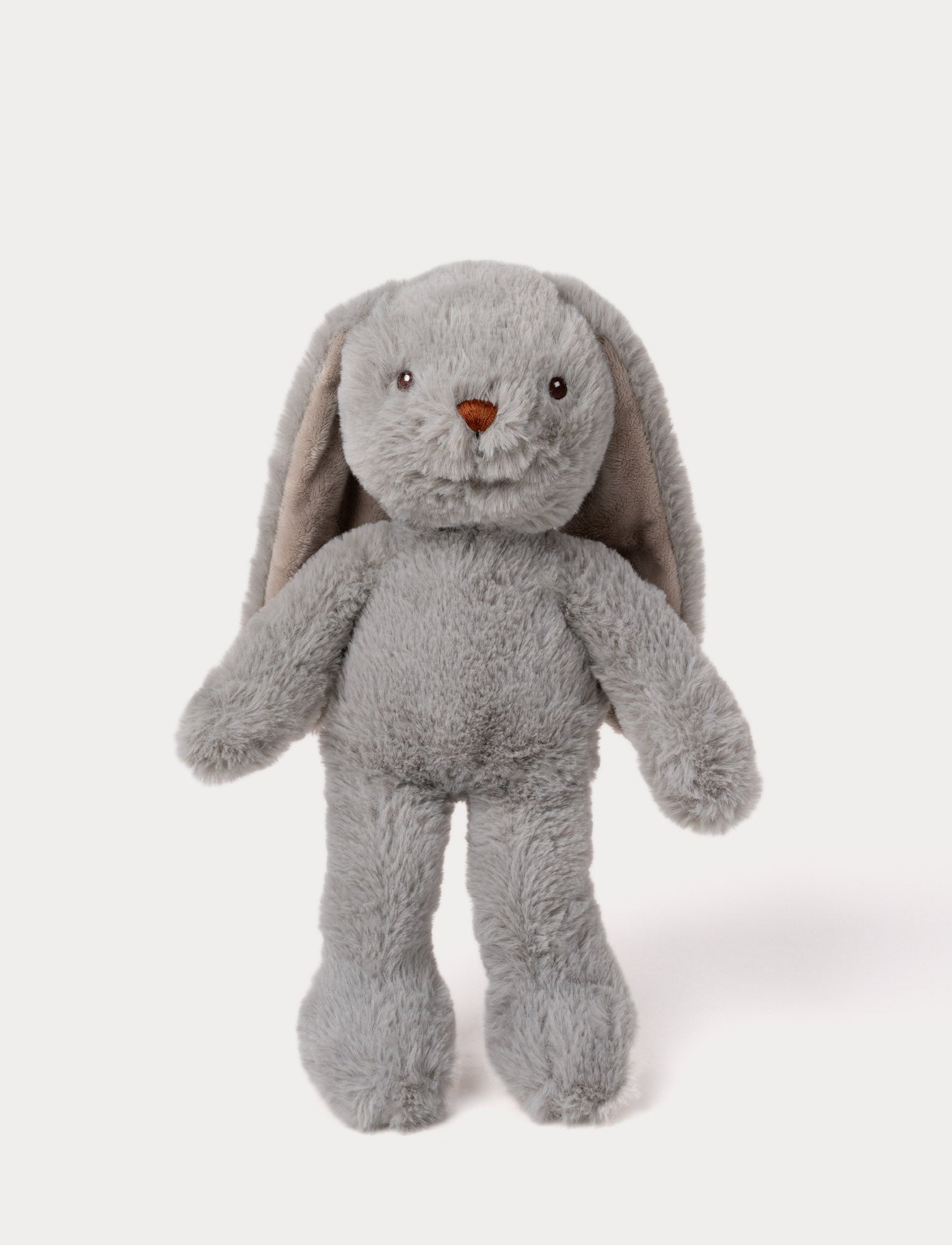 Image of Soft, plush bunny with grey fur, long floppy ears, black button eyes, and a small stitched brown nose.