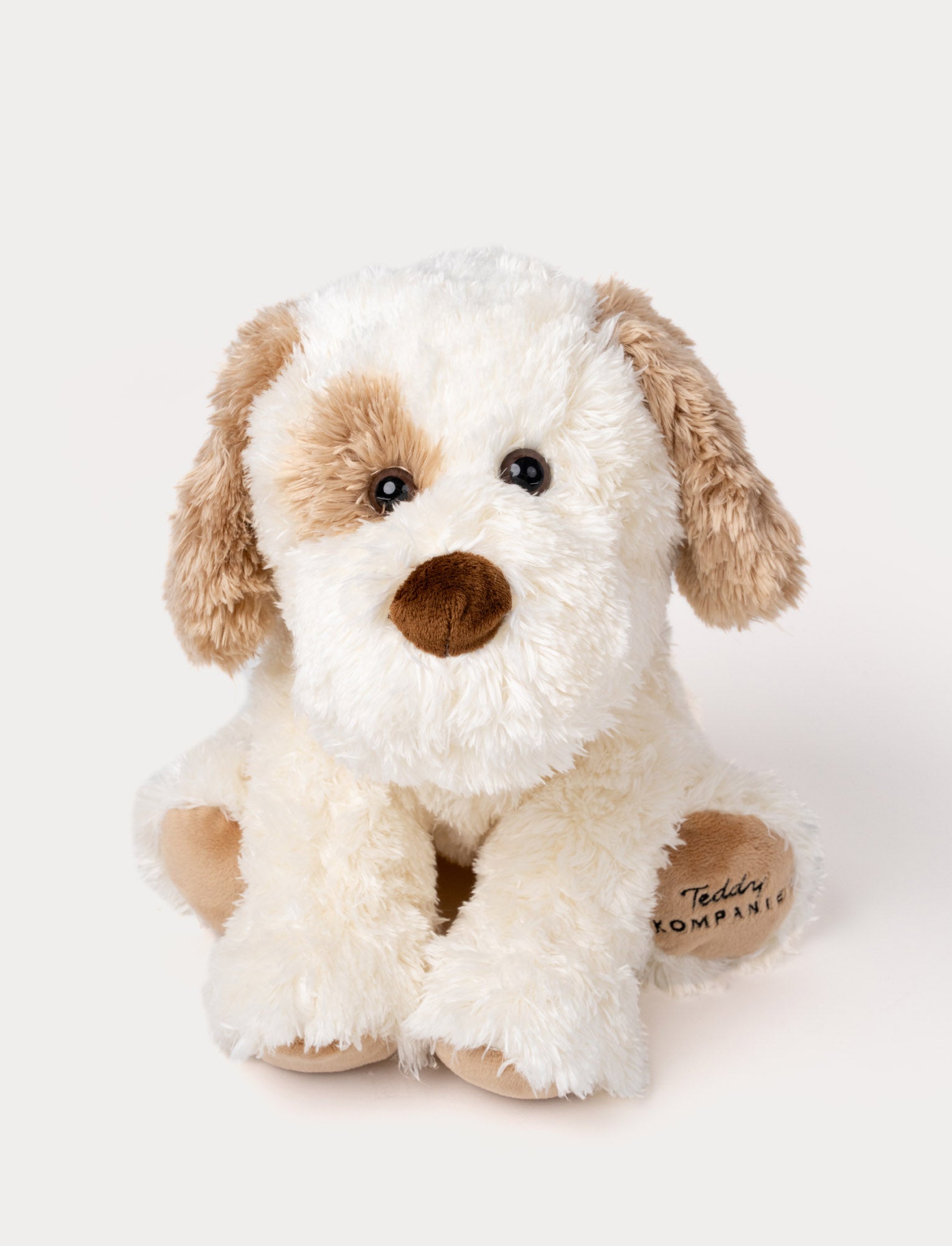 Image of Soft, plush dog with fluffy white and light brown fur, black button eyes, a brown nose, and embroidered text on one paw.