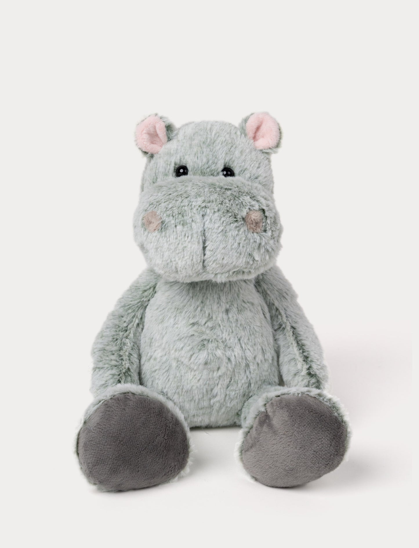 oft, plush hippo with light grey/green fur, round black eyes, small pink ears, and dark grey paw pads.