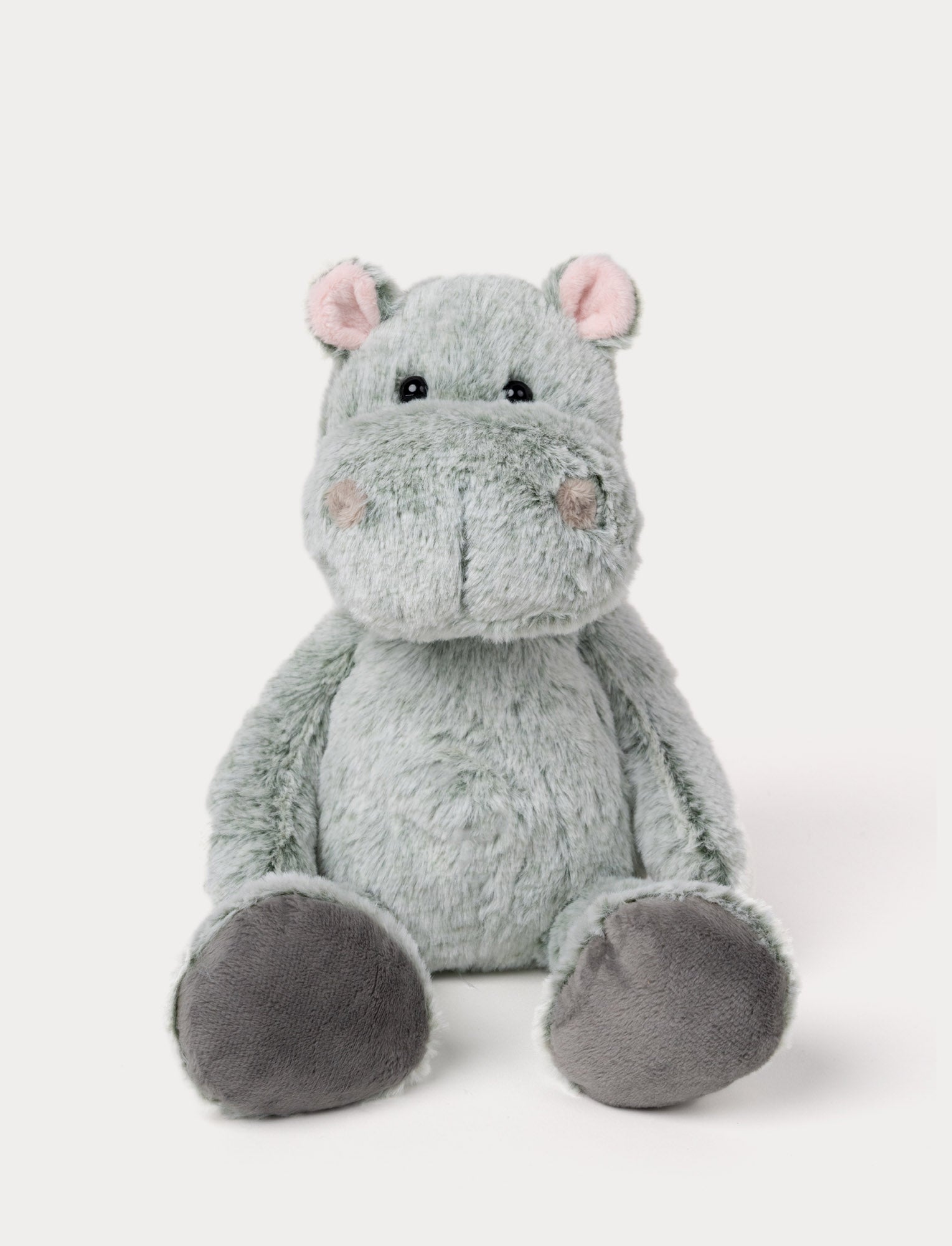 Image of oft, plush hippo with light grey/green fur, round black eyes, small pink ears, and dark grey paw pads.