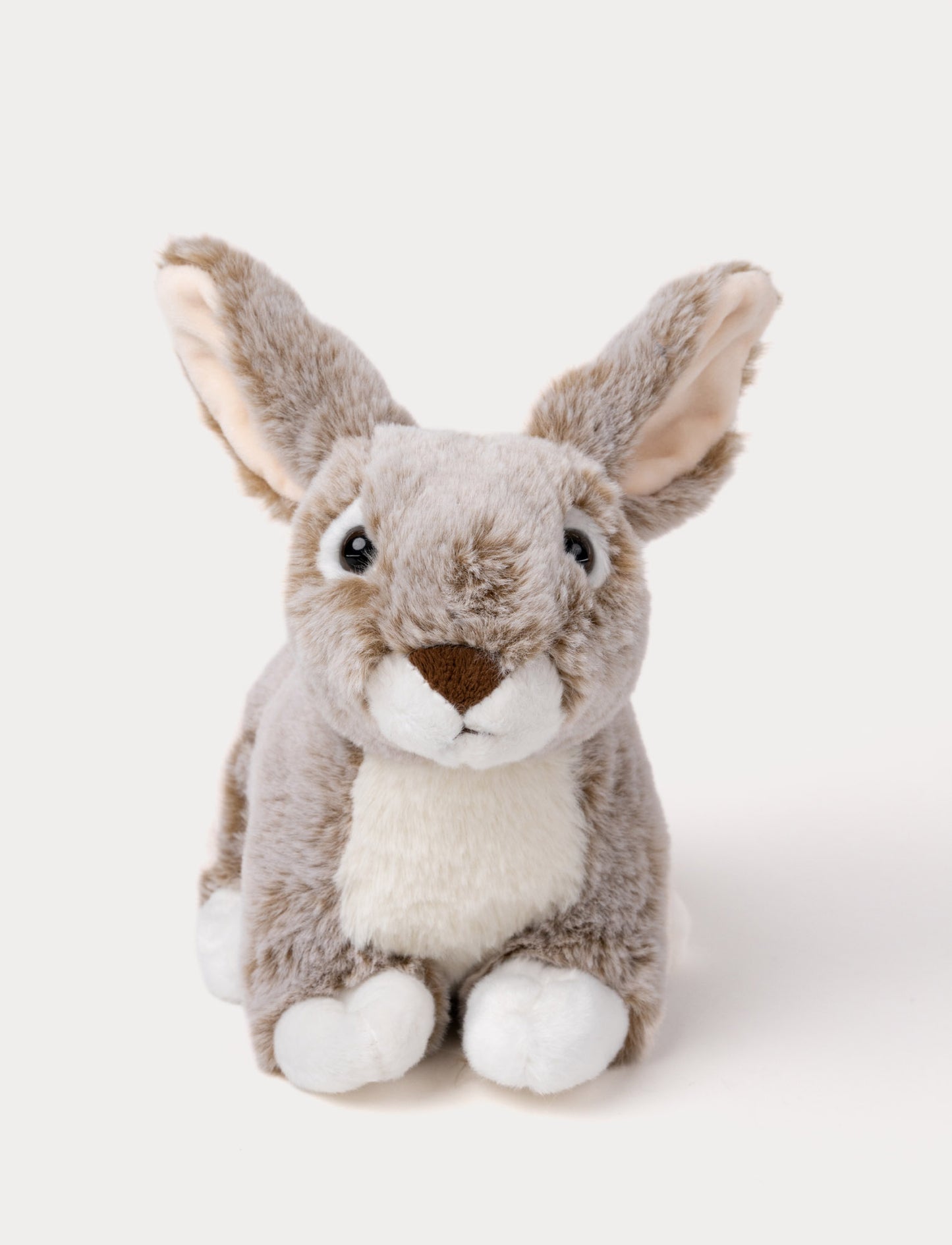 Realistic plush hare with soft grey and white fur, large upright ears, black bead eyes, and a brown nose.