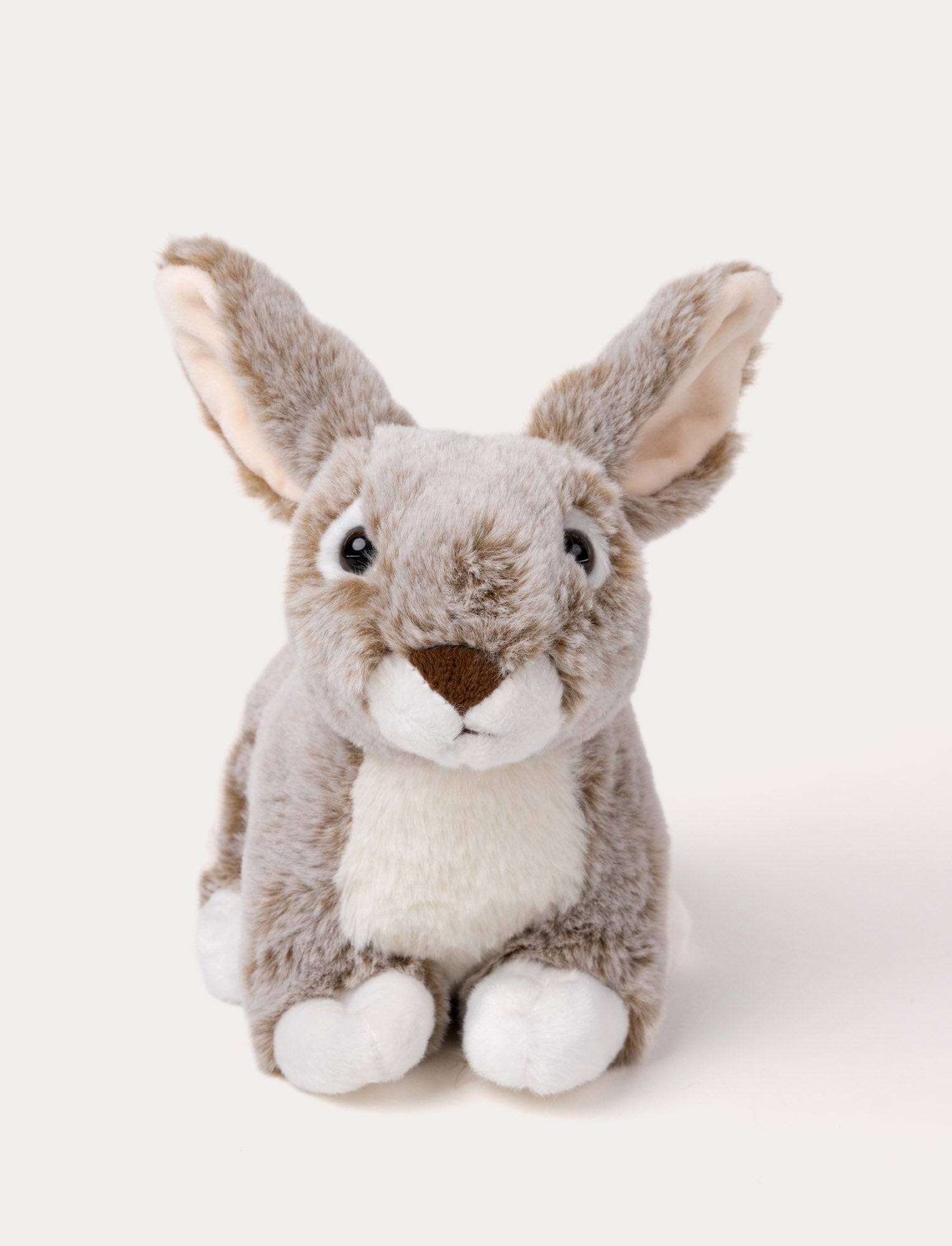 Image of Realistic plush hare with soft grey and white fur, large upright ears, black bead eyes, and a brown nose.