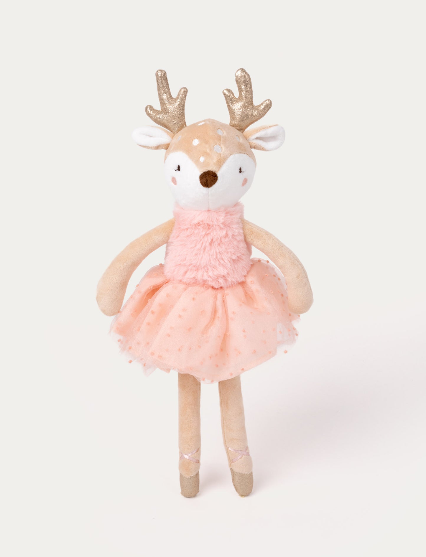 Plush ballerina deer with golden antlers, a pink fluffy top, a dotted tulle skirt, and ballet slippers.