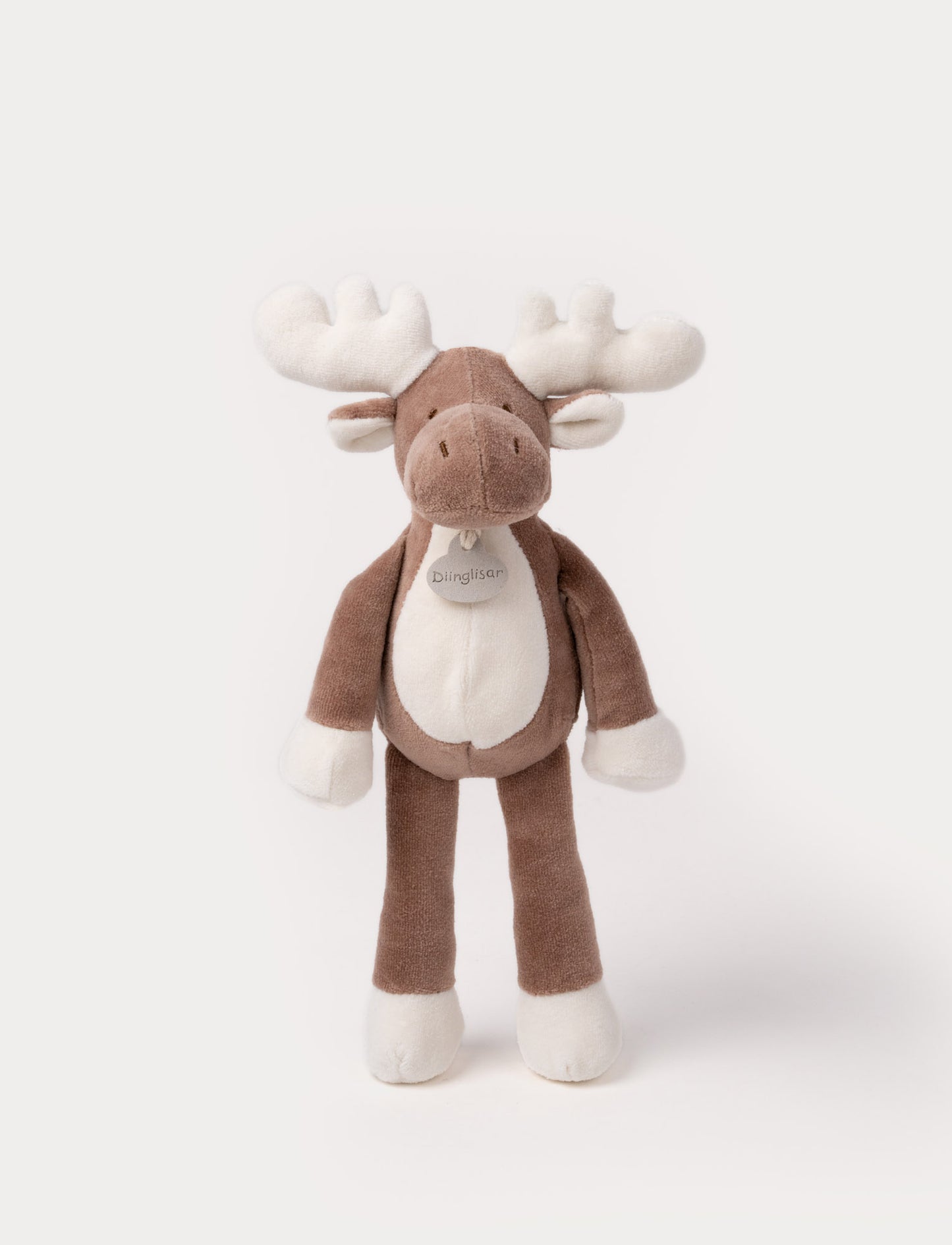 A soft brown plush moose, with white antlers, a stitched face and white and brown details.