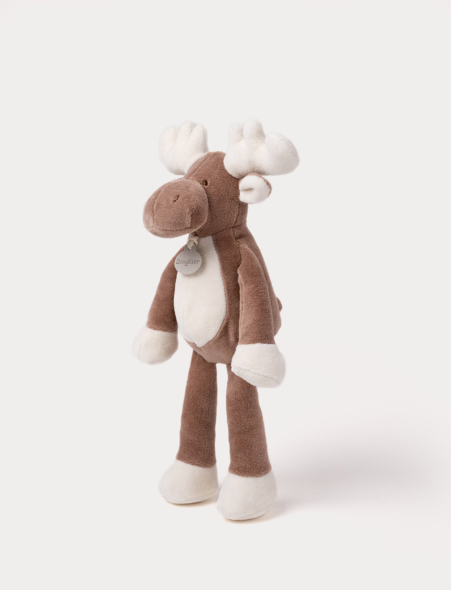Image of A soft brown plush moose, with white antlers, a stitched face and white and brown details.