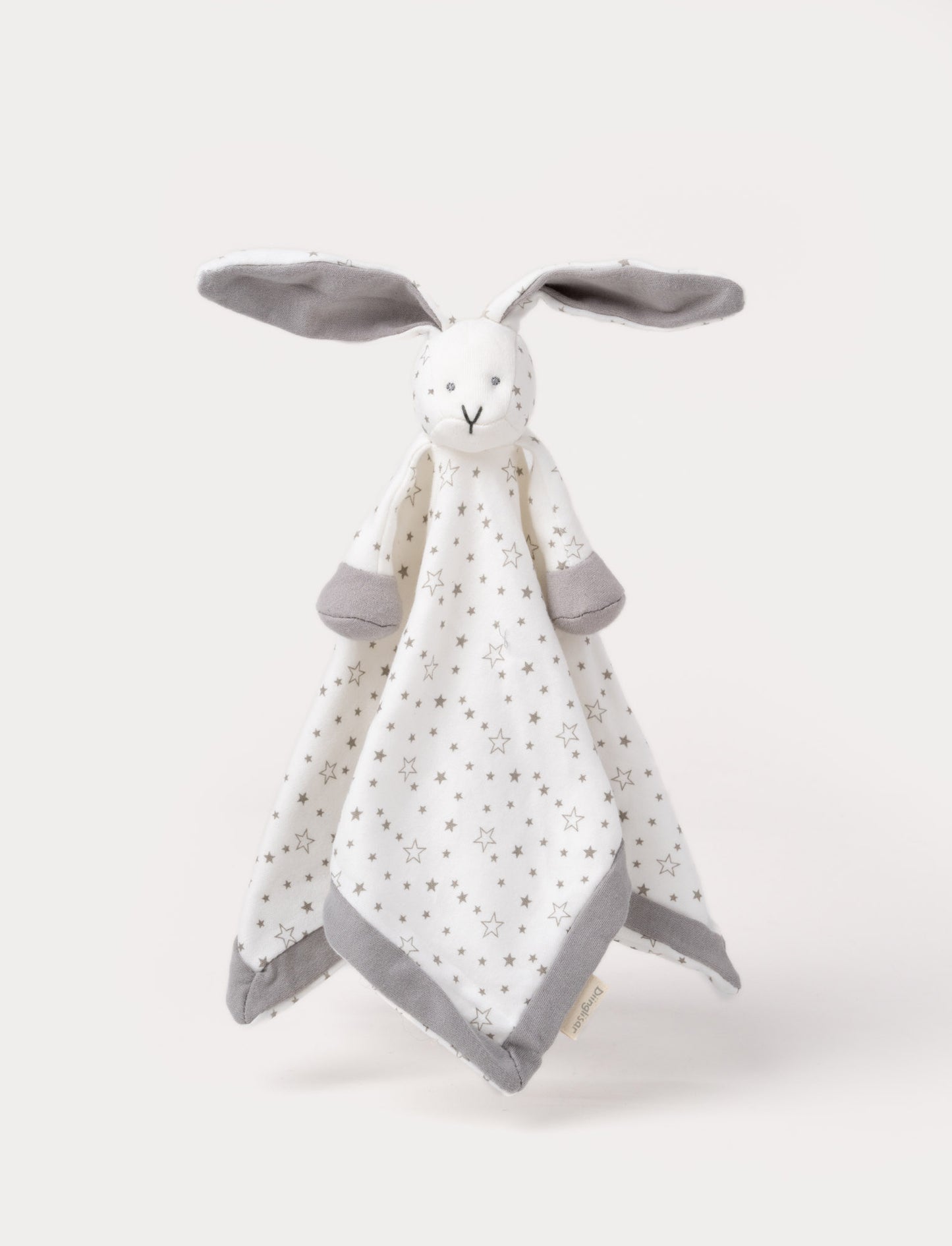 Soft baby blanket with a plush bunny head, long gray ears, and a white star-patterned fabric.