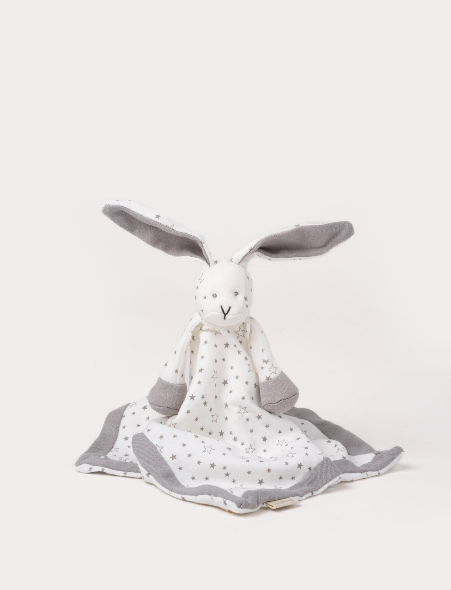 Soft baby blanket with a plush bunny head, long gray ears, and a white star-patterned fabric.