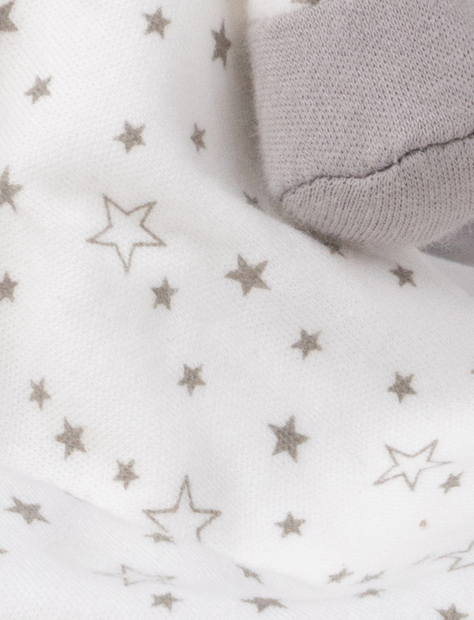 Image of Soft baby blanket with a plush bunny head, long gray ears, and a white star-patterned fabric.