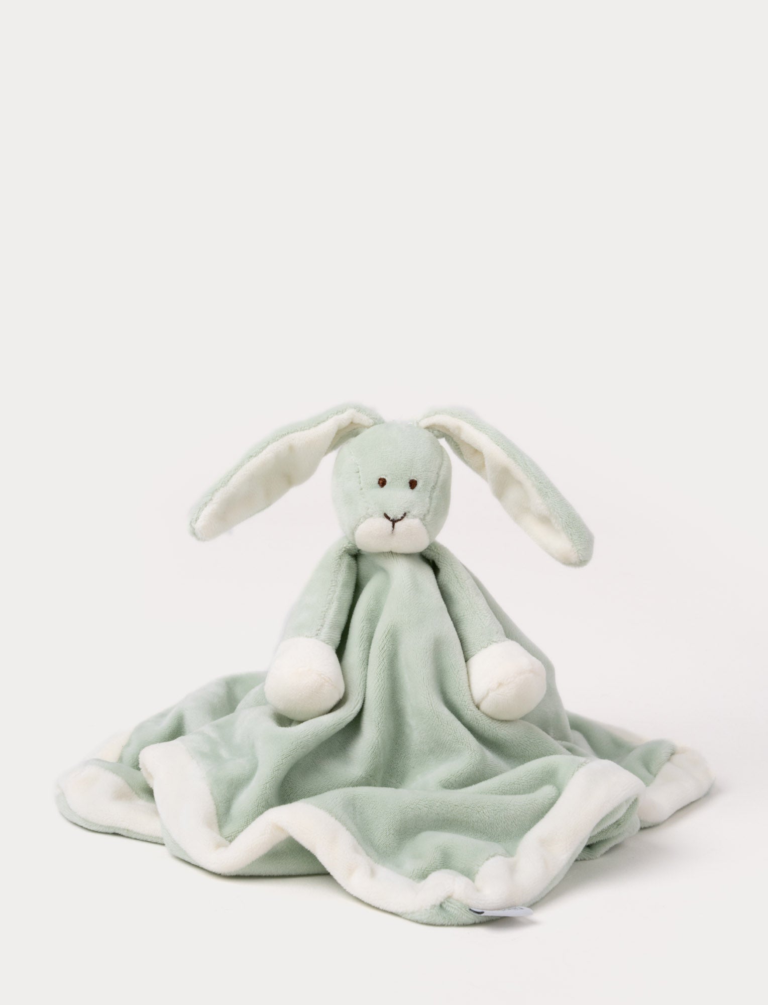 Image of Soft baby blanket with a plush green bunny head, long floppy ears, and white-trimmed edges.