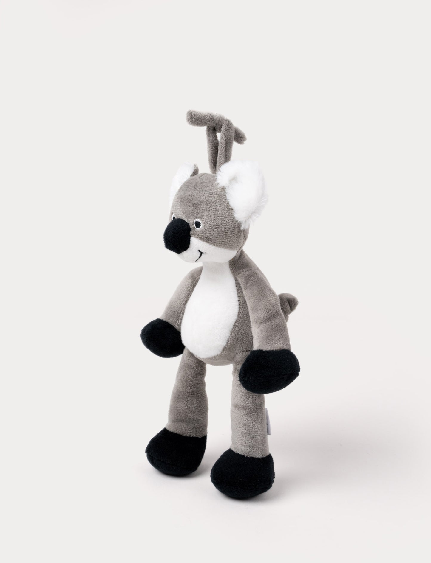 A plush koala music box with a white belly, black paws, and a hanging loop