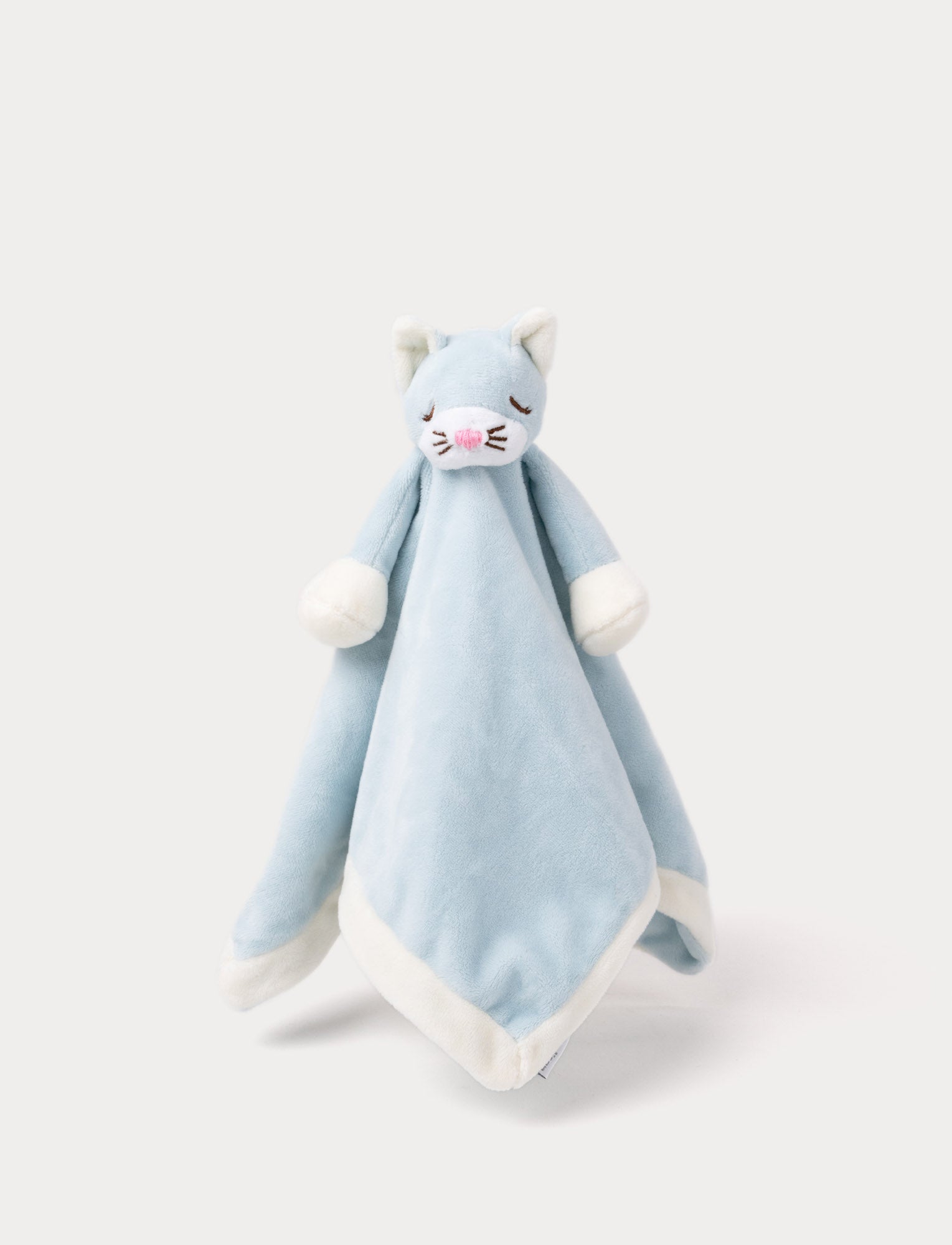 Image of Soft baby blanket with a plush blue cat head, closed eyes, and white-trimmed edges.