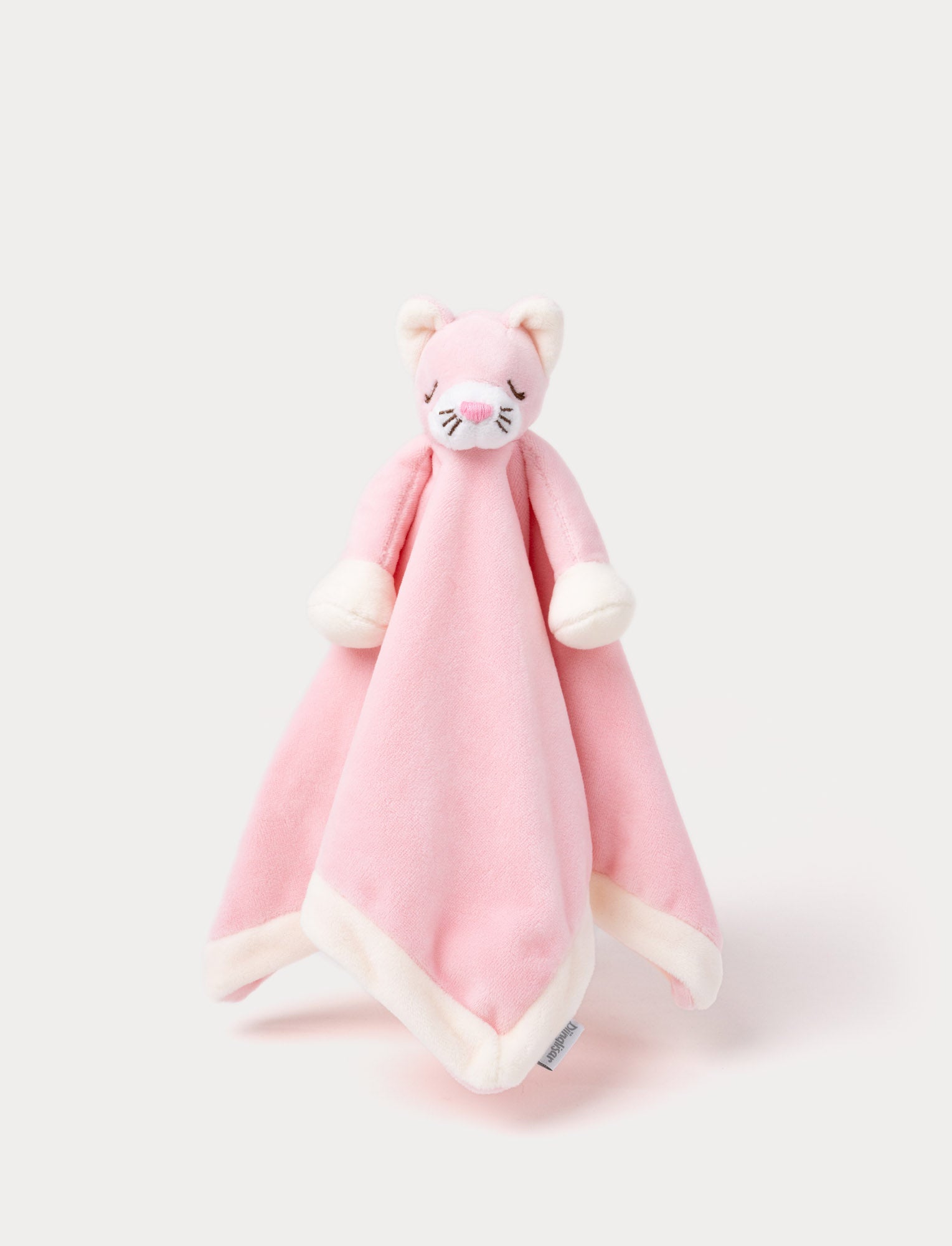 Image of Soft baby blanket with a plush pink cat head, closed eyes, and white-trimmed edges.