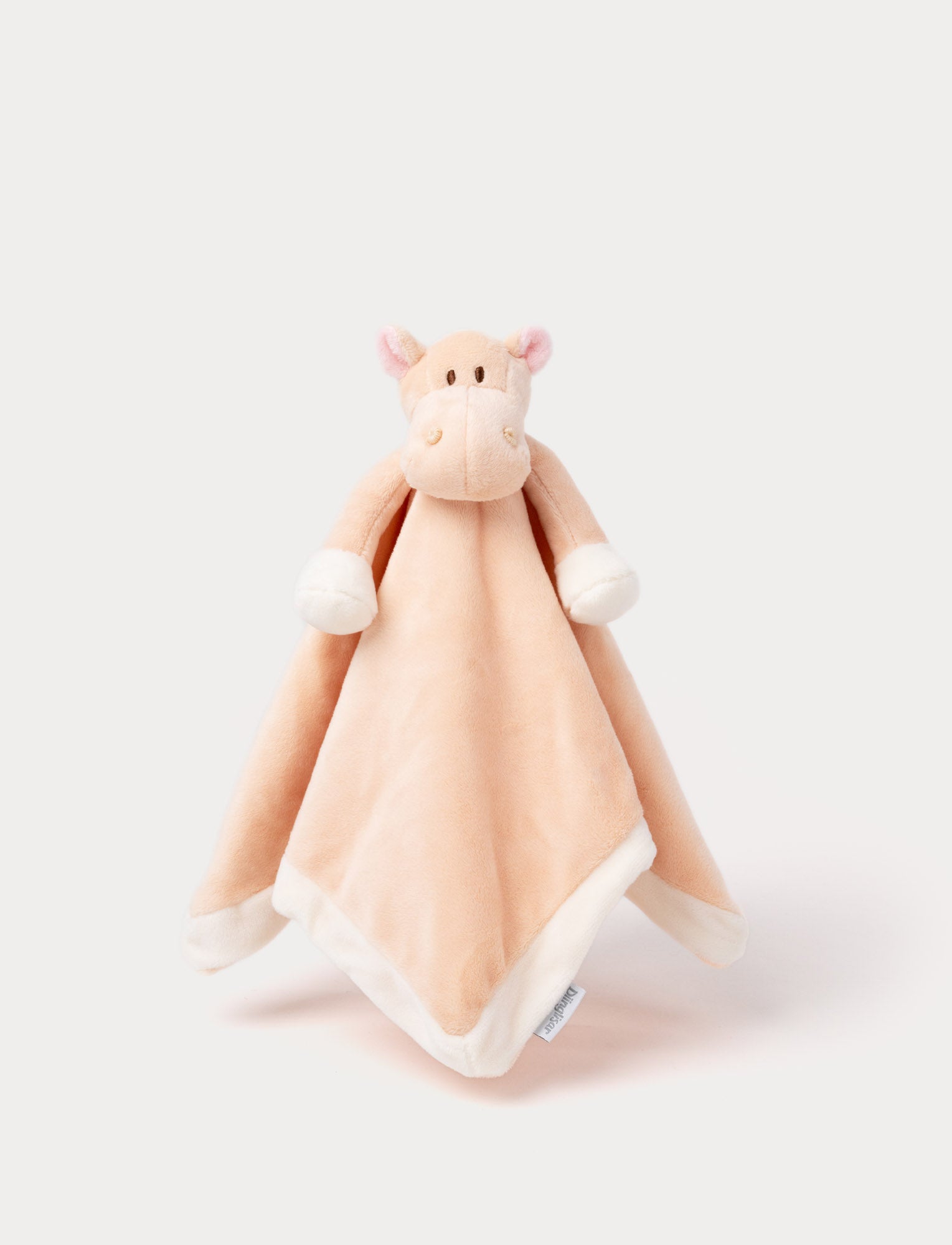 Image of Soft baby blanket with a plush beige hippo head, small pink ears, and white-trimmed edges.
