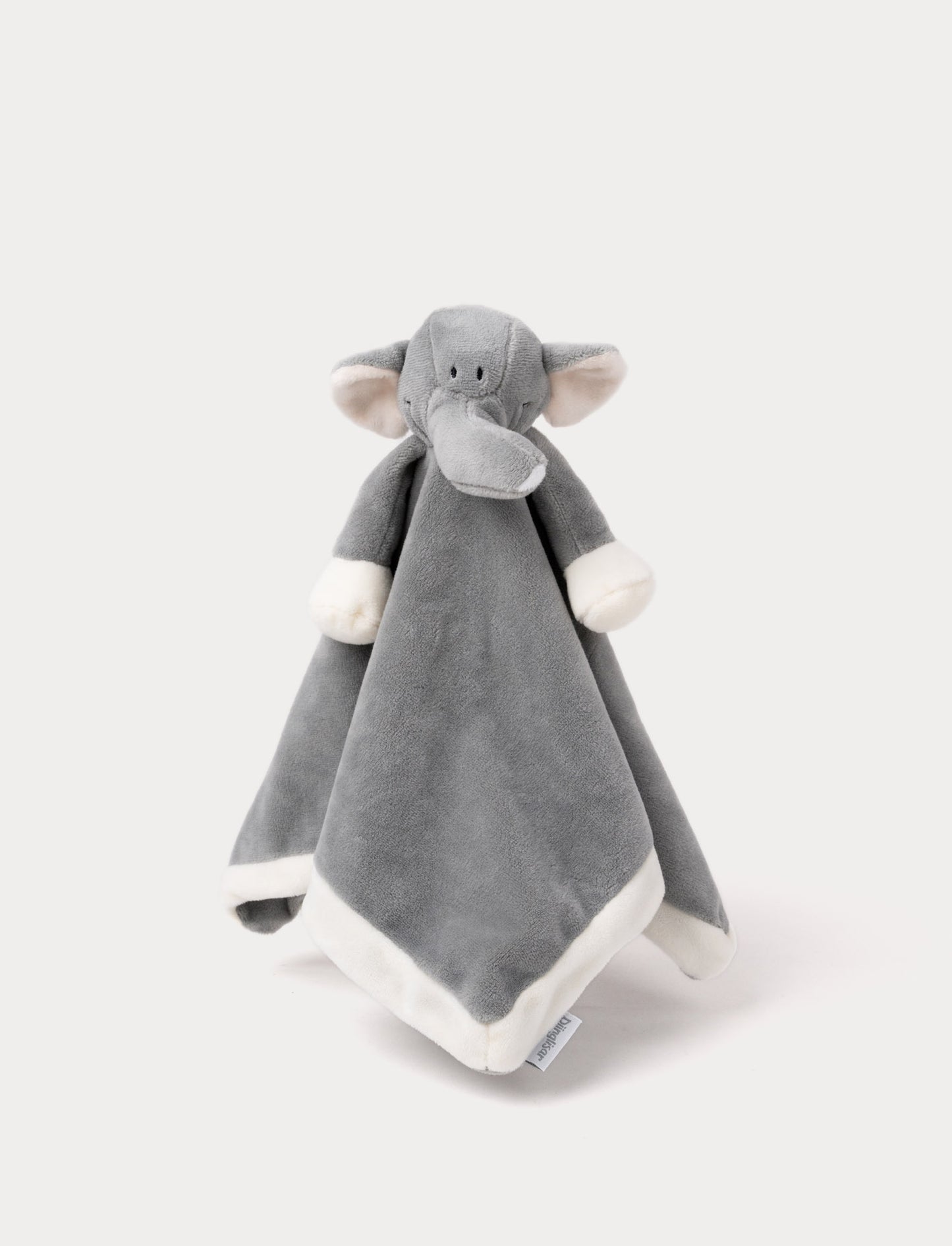Soft baby blanket with a plush gray elephant head, large ears, a trunk, and white-trimmed edges.