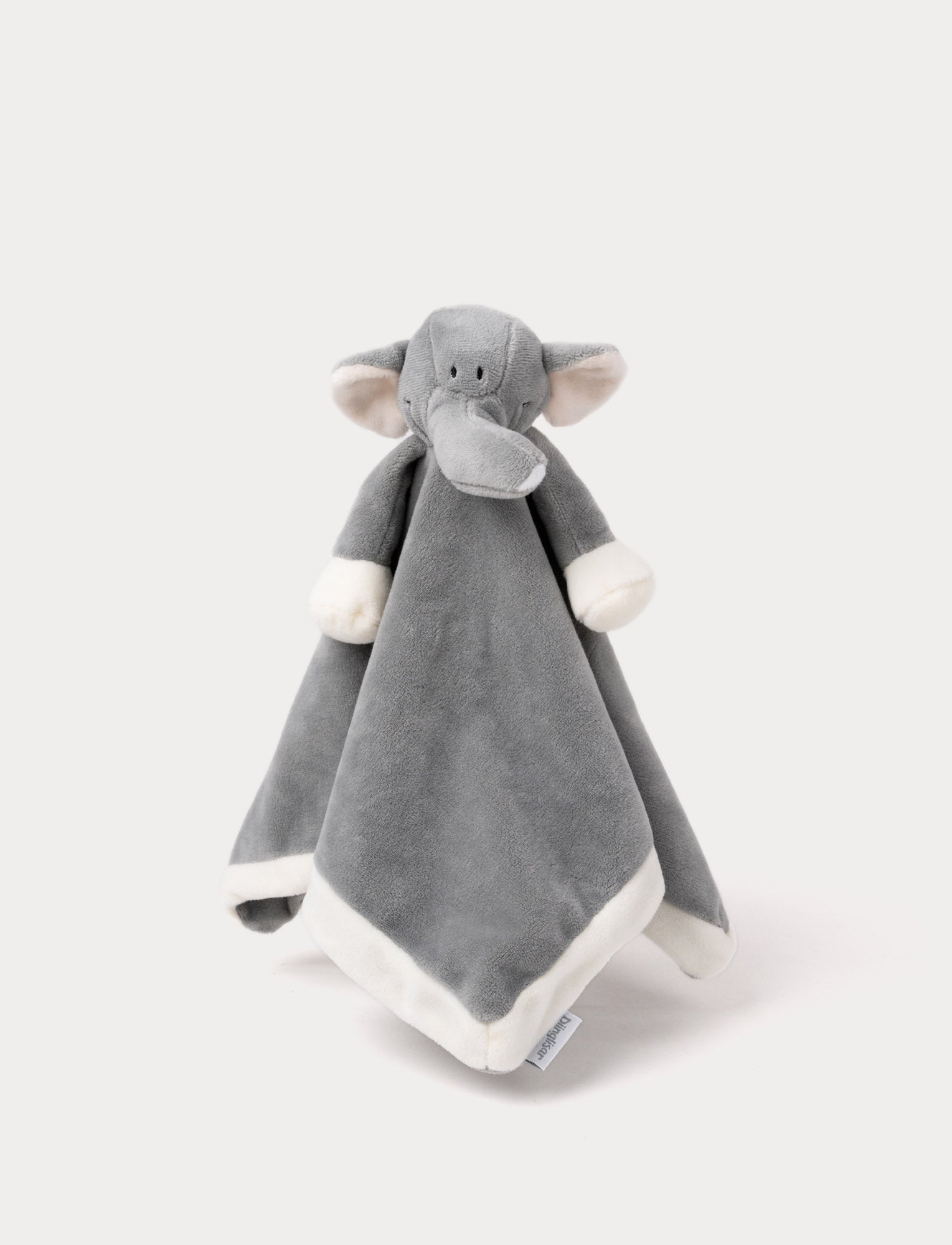 Image of Soft baby blanket with a plush gray elephant head, large ears, a trunk, and white-trimmed edges.