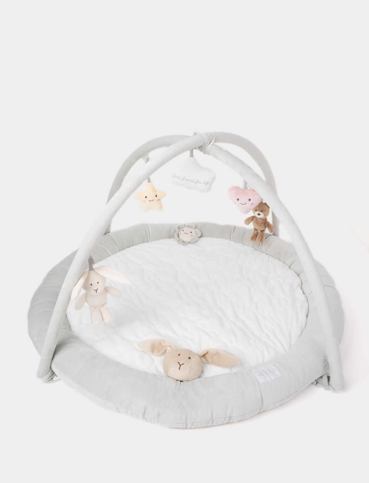 Soft grey baby play gym with hanging plush toys like star, heart, bear, and bunny.