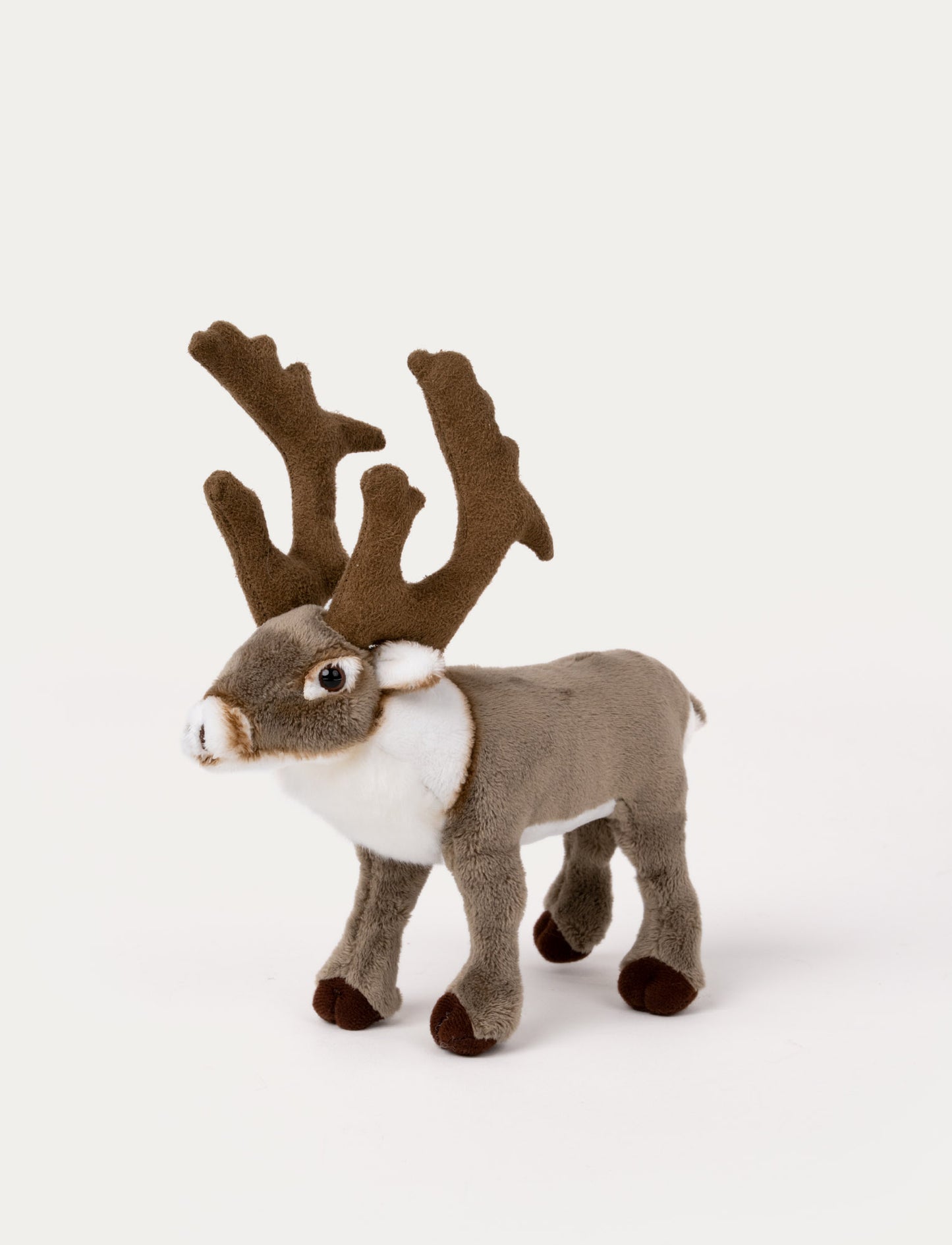 Soft reindeer plush with brown fur, white accents, large antlers, and shiny black eyes.