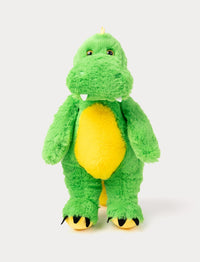 Green plush dinosaur with a yellow belly, soft fur, small white teeth, and black claws on its feet.