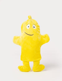 Yellow hand puppet with a rounded body, small tuft on top, outstretched arms, and a friendly embroidered smile.
