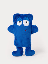 Blue hand puppet with a rectangular body, droopy eyes, outstretched arms, and a playful embroidered smile.