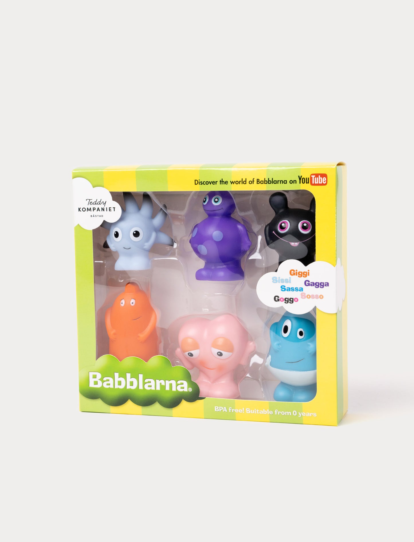 Colorful plastic Babblarna figures including: Giggi, Gagga, Goggo, Sissi, Sassa, and Sosso, with a colorful, playful designs.