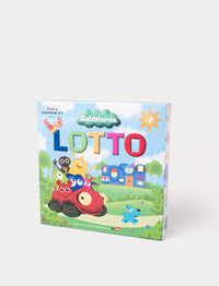 A colorful Babblarna Lotto game box featuring cartoon characters in a playful landscape.