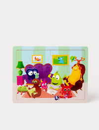 Colorful wooden puzzle depicting friendly characters in a cozy living room setting with furniture and decorations